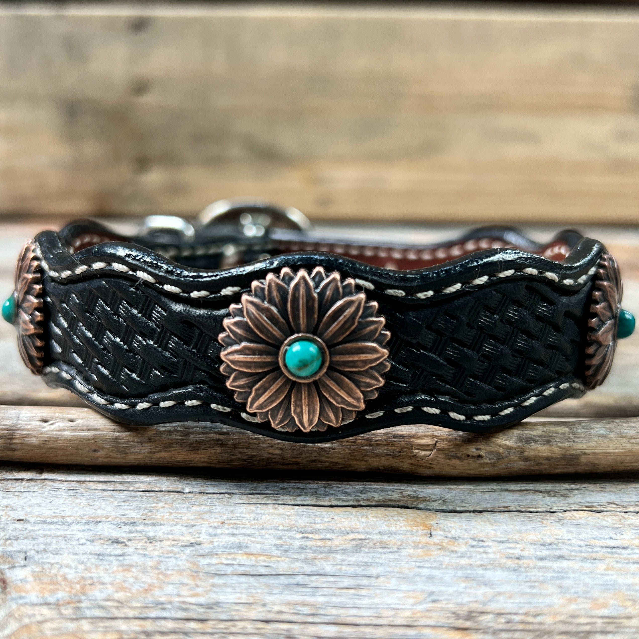 Leather Dog Collar With Copper Flower Conchos 10" to 22" W132S -DC6