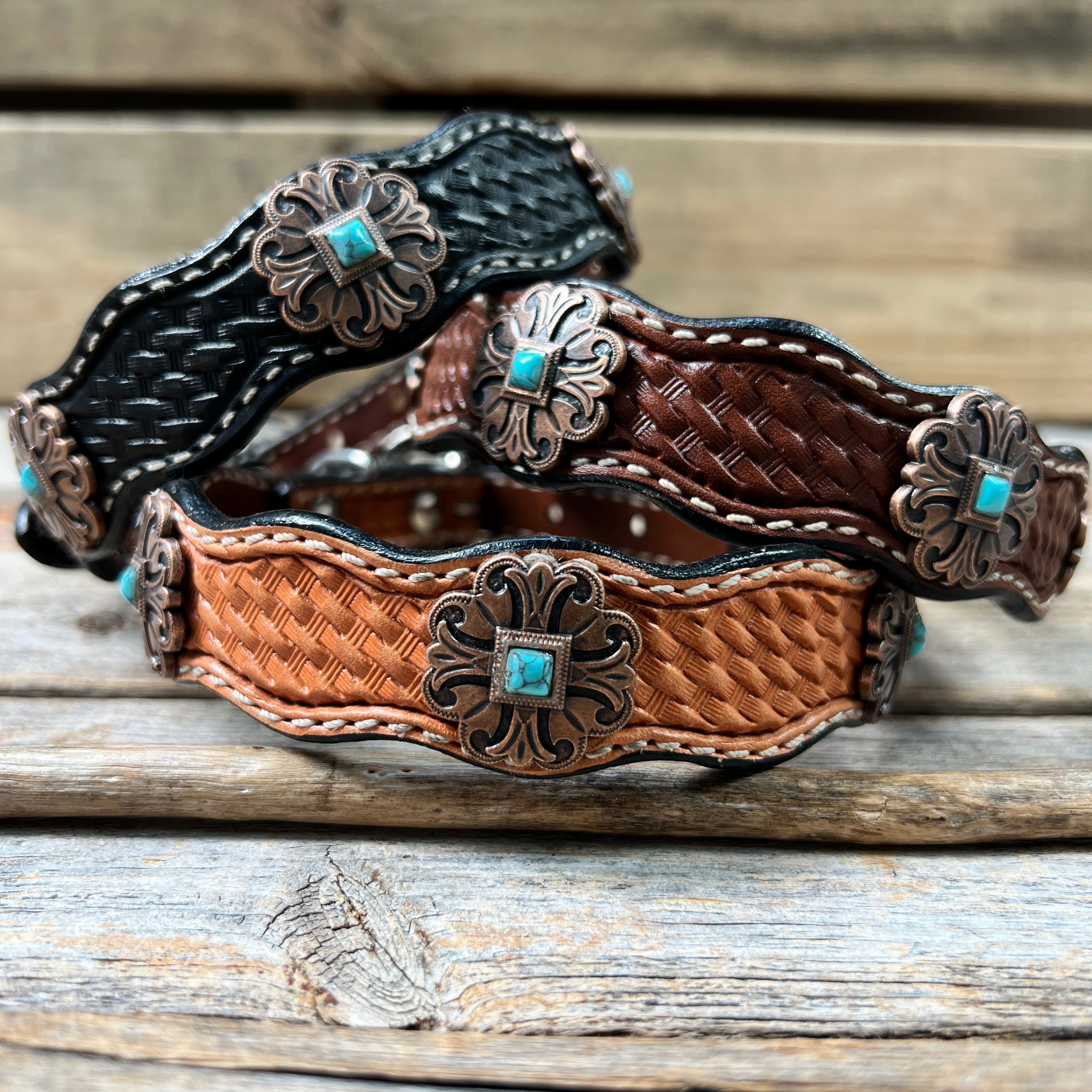 Leather Dog Collar With Copper Fleur De Lis Conchos 10" to 22" W141S -DC55