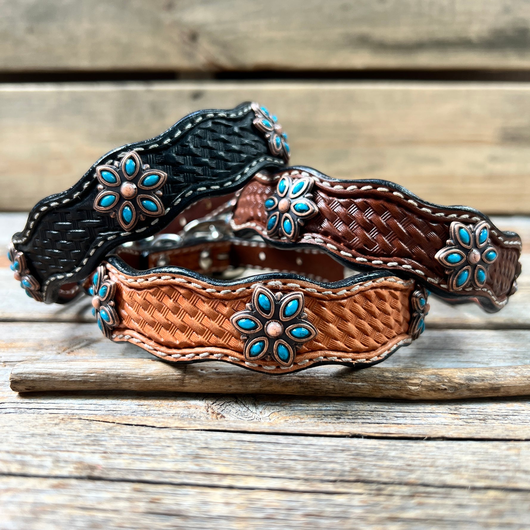 Genuine Leather Dog Collar or Leash With Copper Turquoise Flower Conchos 10" to 22" W207S -DC56