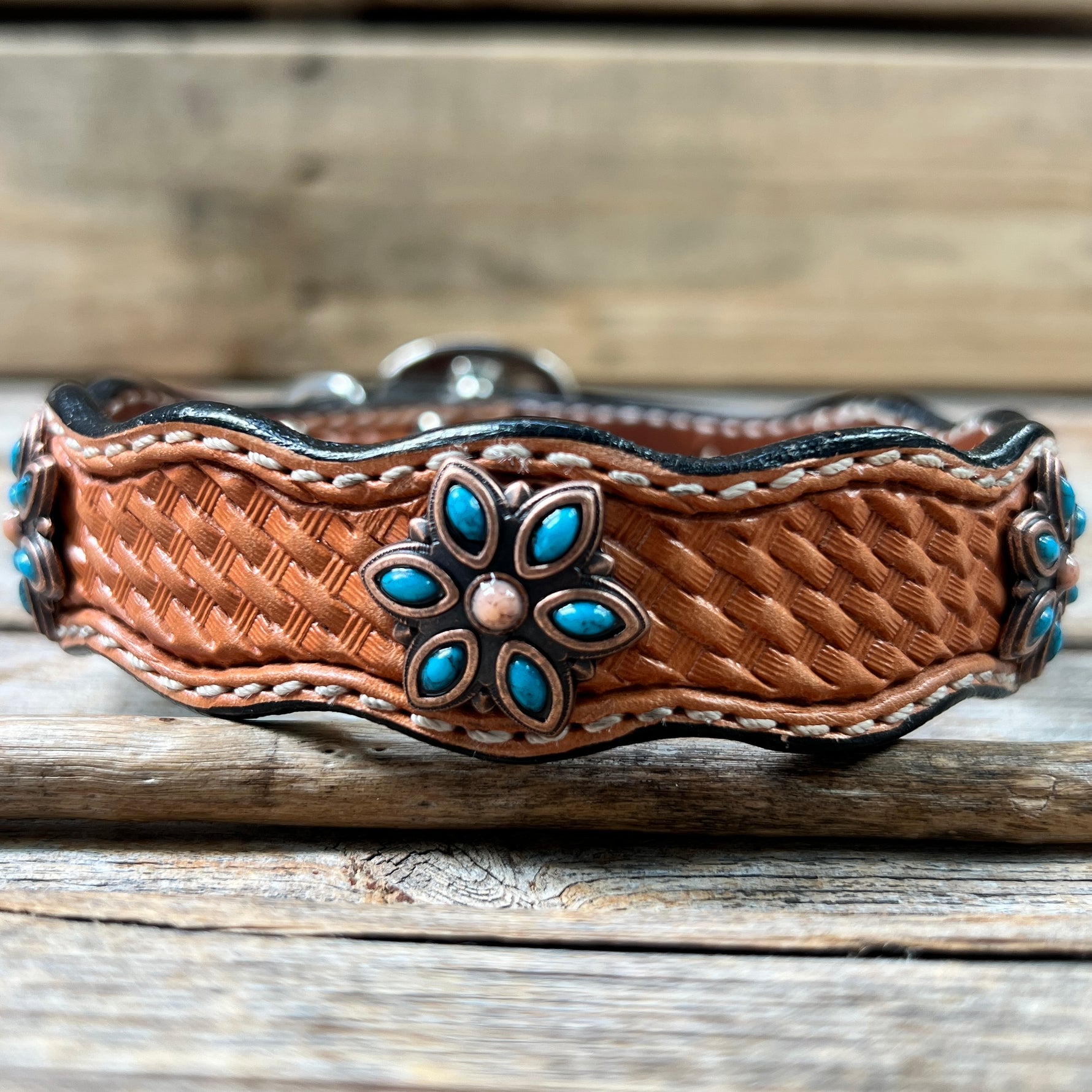 Genuine Leather Dog Collar or Leash With Copper Turquoise Flower Conchos 10" to 22" W207S -DC56