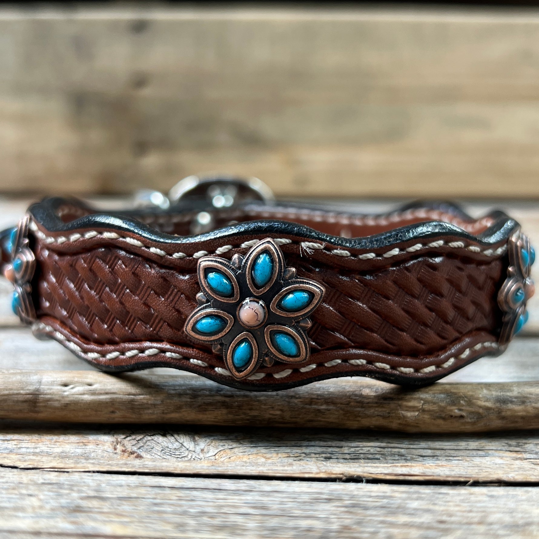 Genuine Leather Dog Collar or Leash With Copper Turquoise Flower Conchos 10" to 22" W207S -DC56