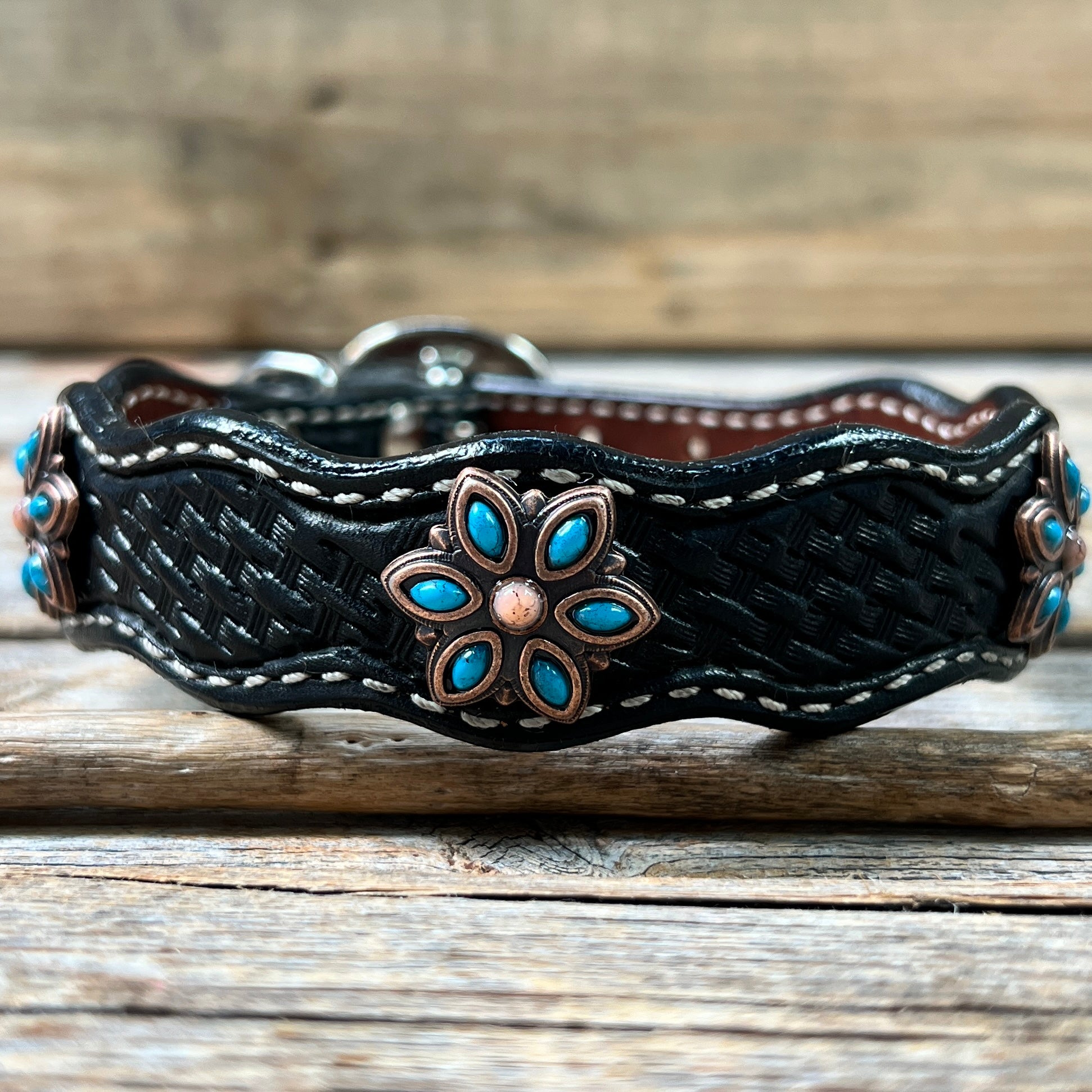 Leather Dog Collar With Copper Turquoise Flower Conchos 10