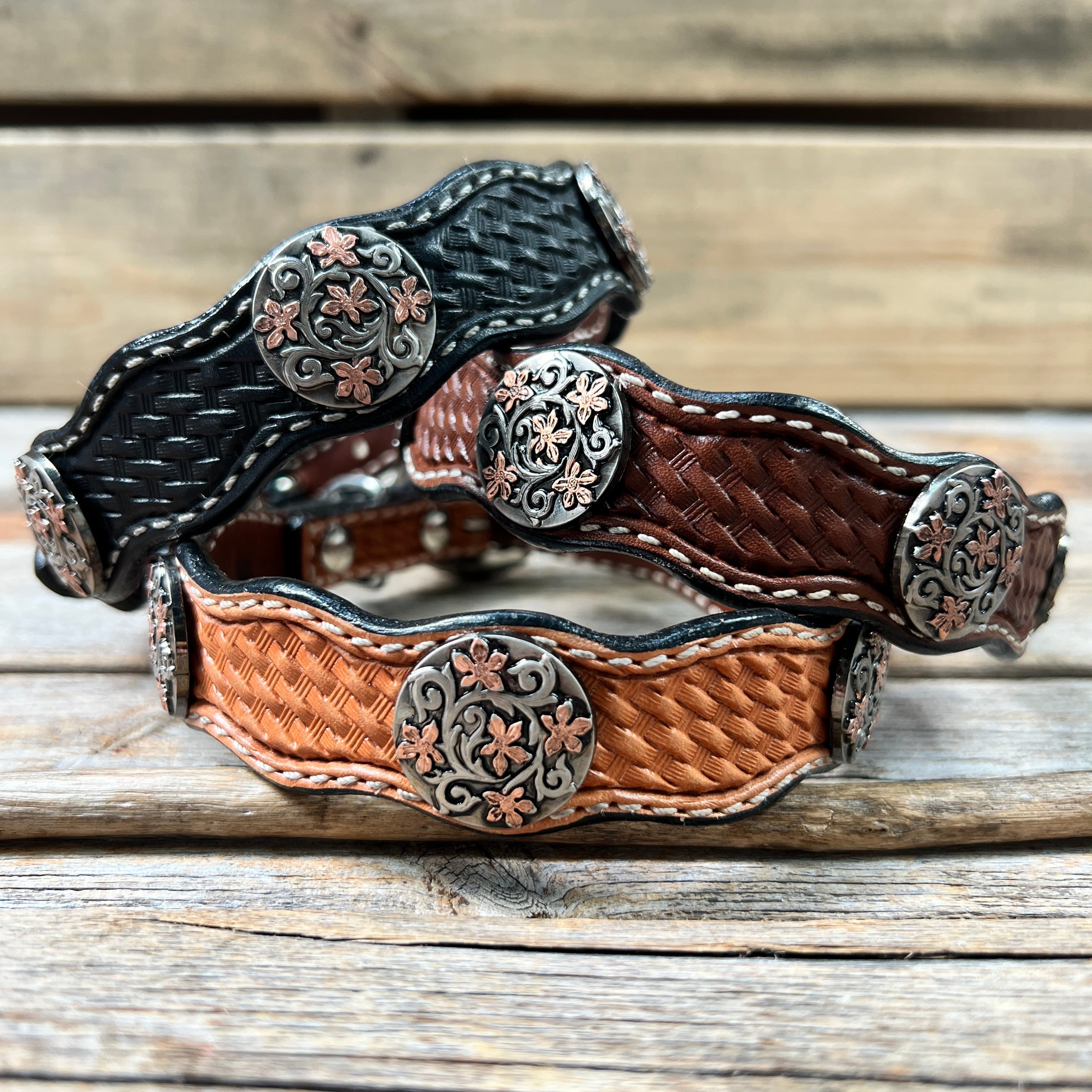 Leather Dog Collar With Antique Silver with Copper Flower Conchos 10" to 22" W200S -DC1000