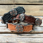 Genuine Leather Dog Collar With Antique Silver with Copper Flower Conchos 10" to 22" W200S -DC1000
