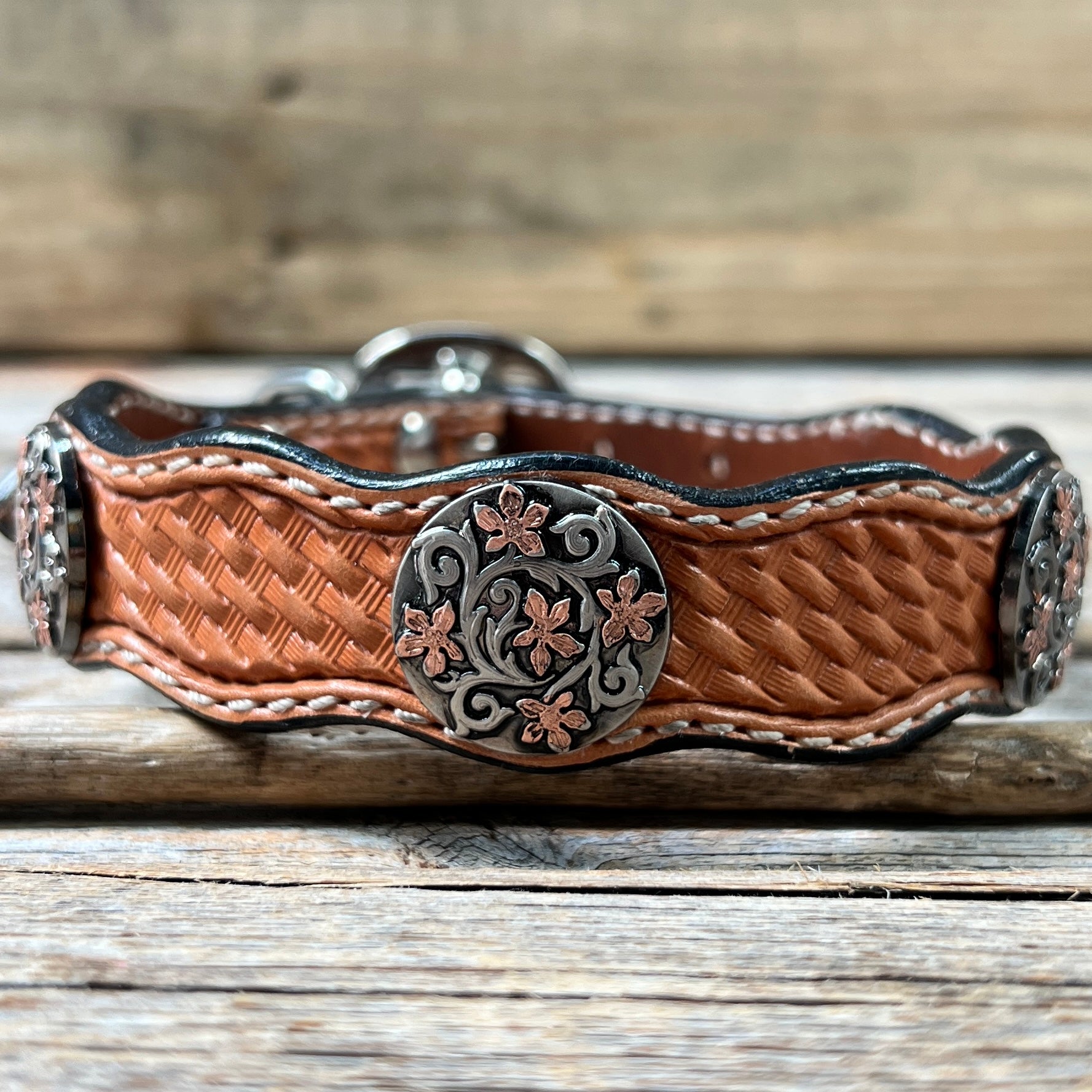 Leather Dog Collar With Antique Silver with Copper Flower Conchos 10" to 22" W200S -DC1000