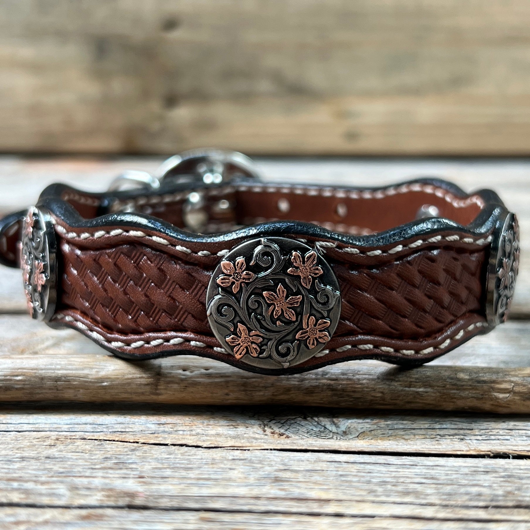 Leather Dog Collar With Antique Silver with Copper Flower Conchos 10" to 22" W200S -DC1000