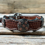 Genuine Leather Dog Collar With Antique Silver with Copper Flower Conchos 10" to 22" W200S -DC1000
