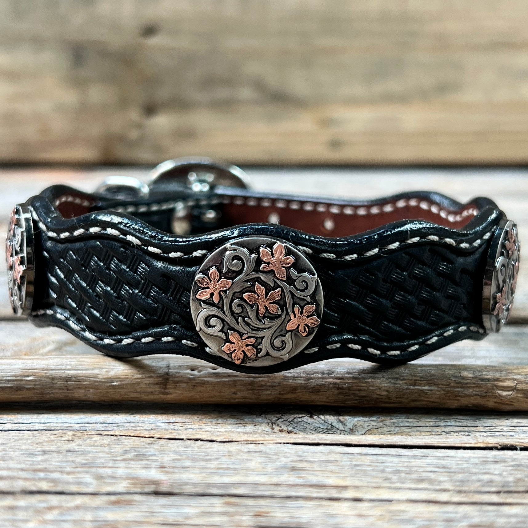 Leather Dog Collar With Antique Silver with Copper Flower Conchos 10" to 22" W200S -DC1000