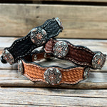 Genuine Leather Dog Collar With Antique Silver Starburst Conchos 10" to 22" W185S -DC57