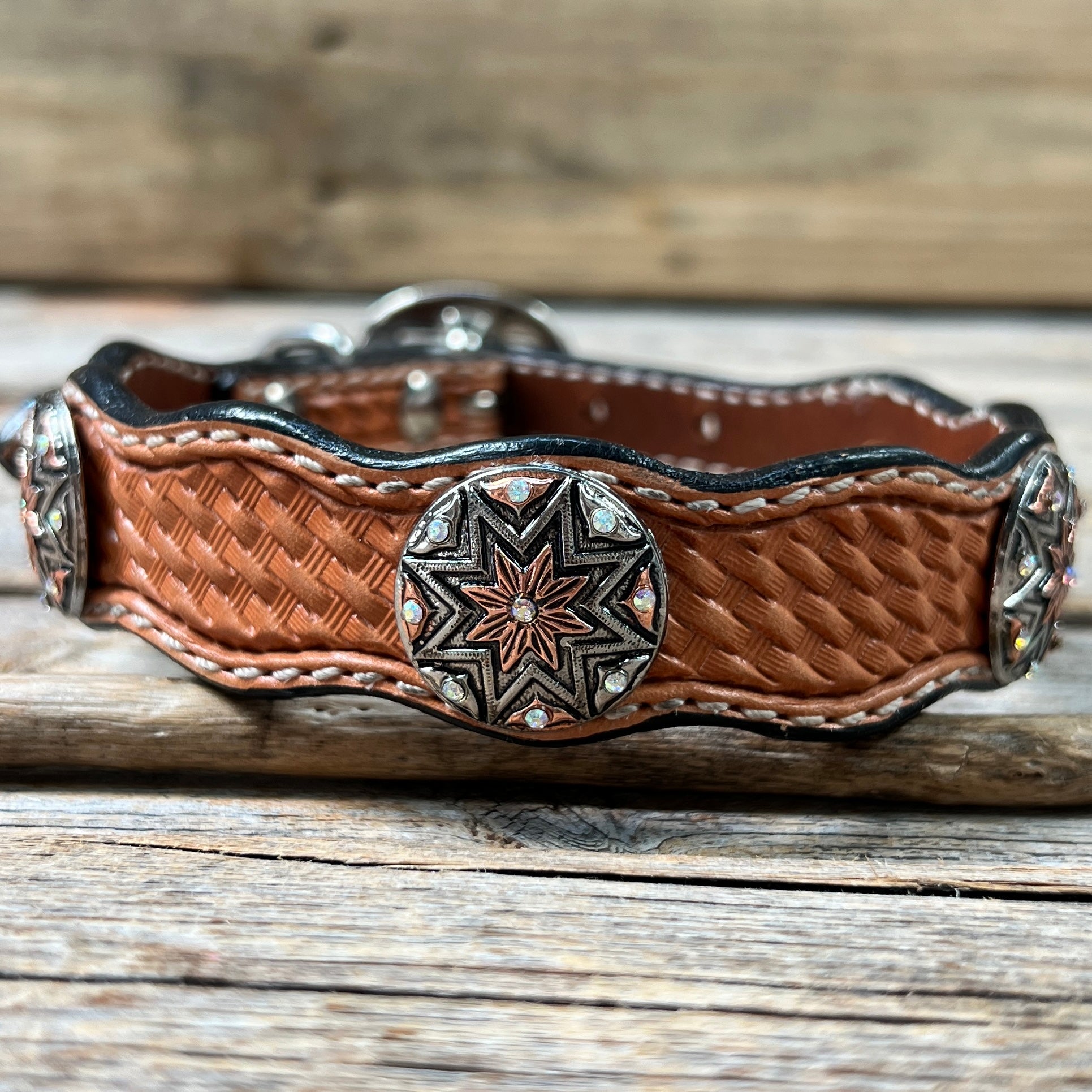 Leather Dog Collar With Antique Silver Starburst Conchos 10" to 22" W185S -DC57