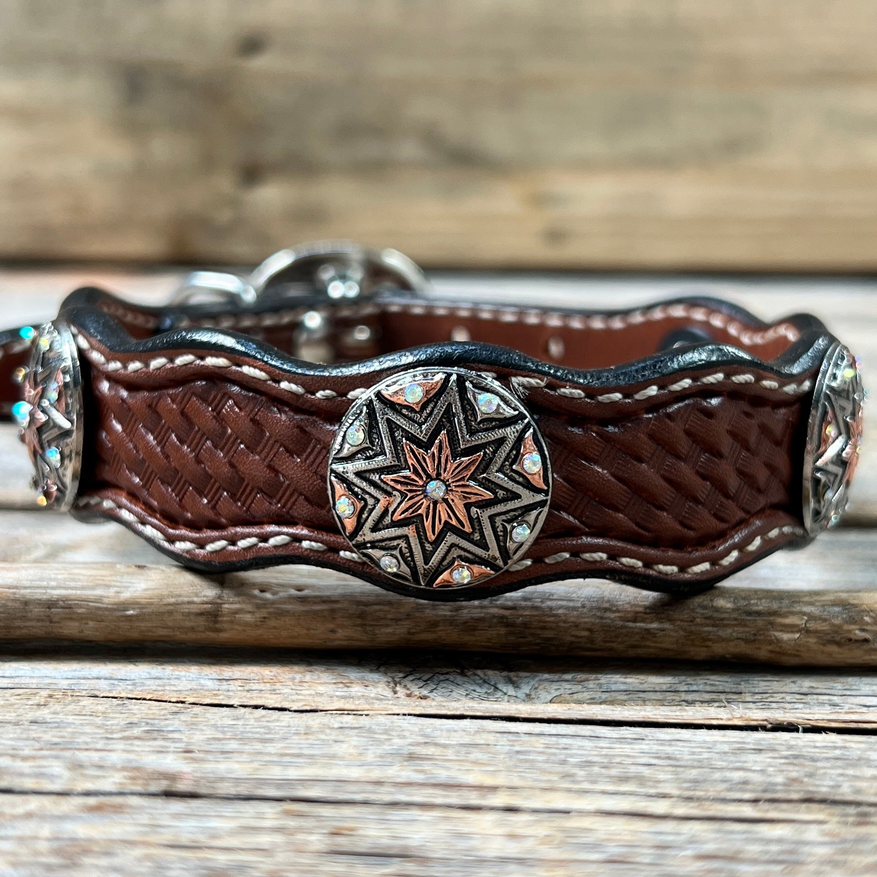 Leather Dog Collar With Antique Silver Starburst Conchos 10" to 22" W185S -DC57
