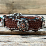 Genuine Leather Dog Collar With Antique Silver Starburst Conchos 10" to 22" W185S -DC57