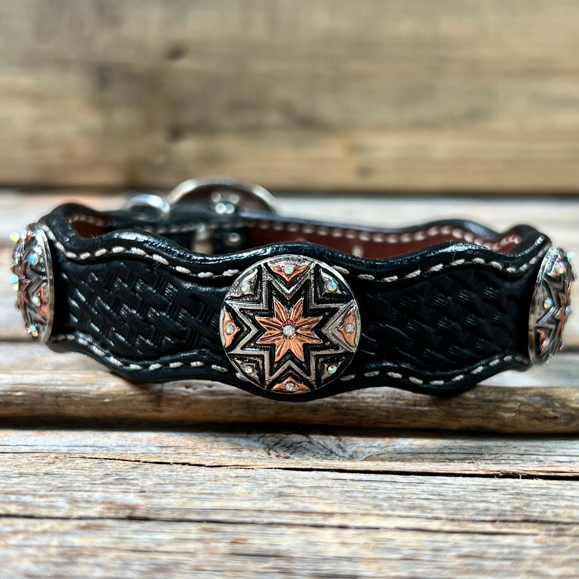 Leather Dog Collar With Antique Silver Starburst Conchos 10" to 22" W185S -DC57