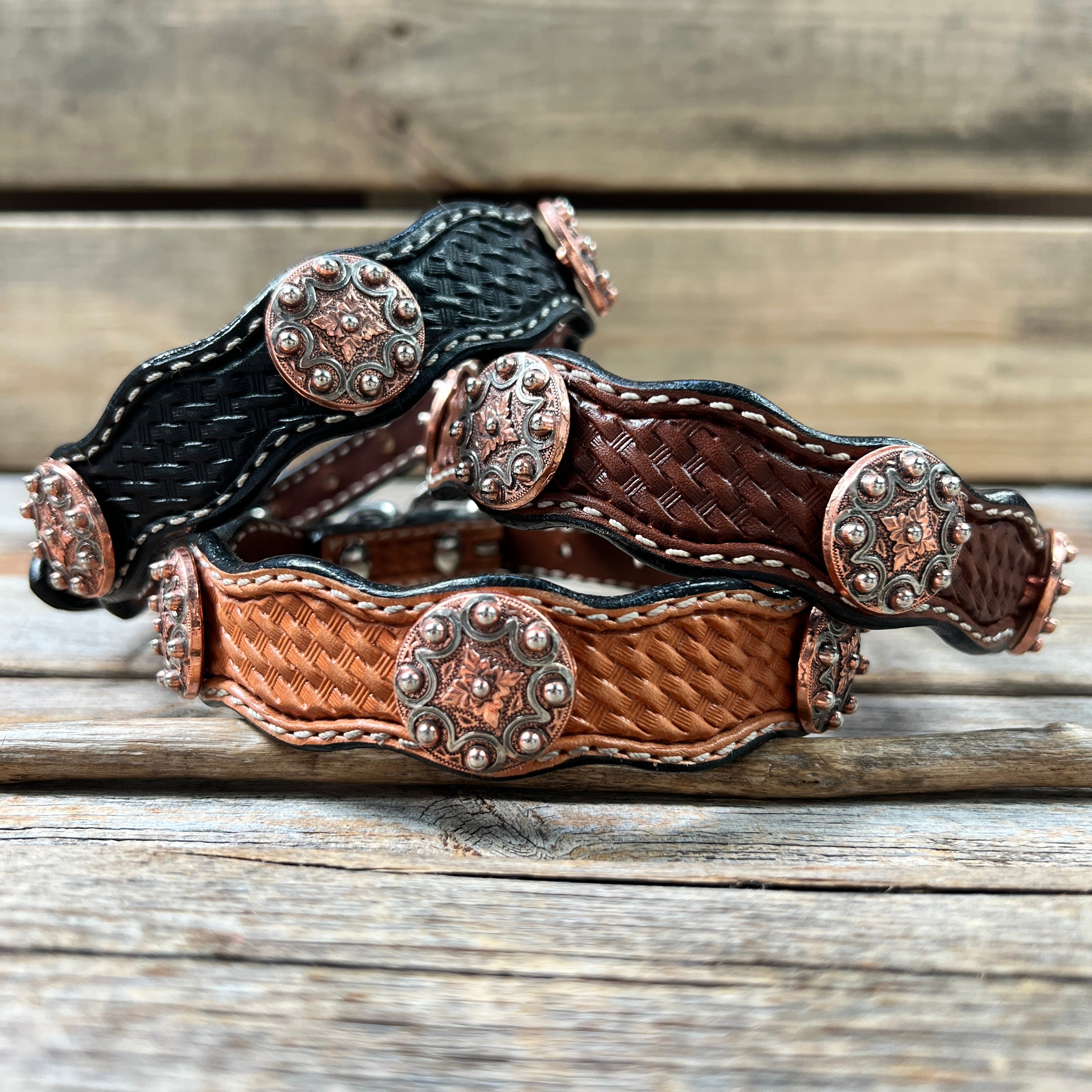 Leather Dog Collar With Copper Dots Conchos 10" to 22" W184S -DC58