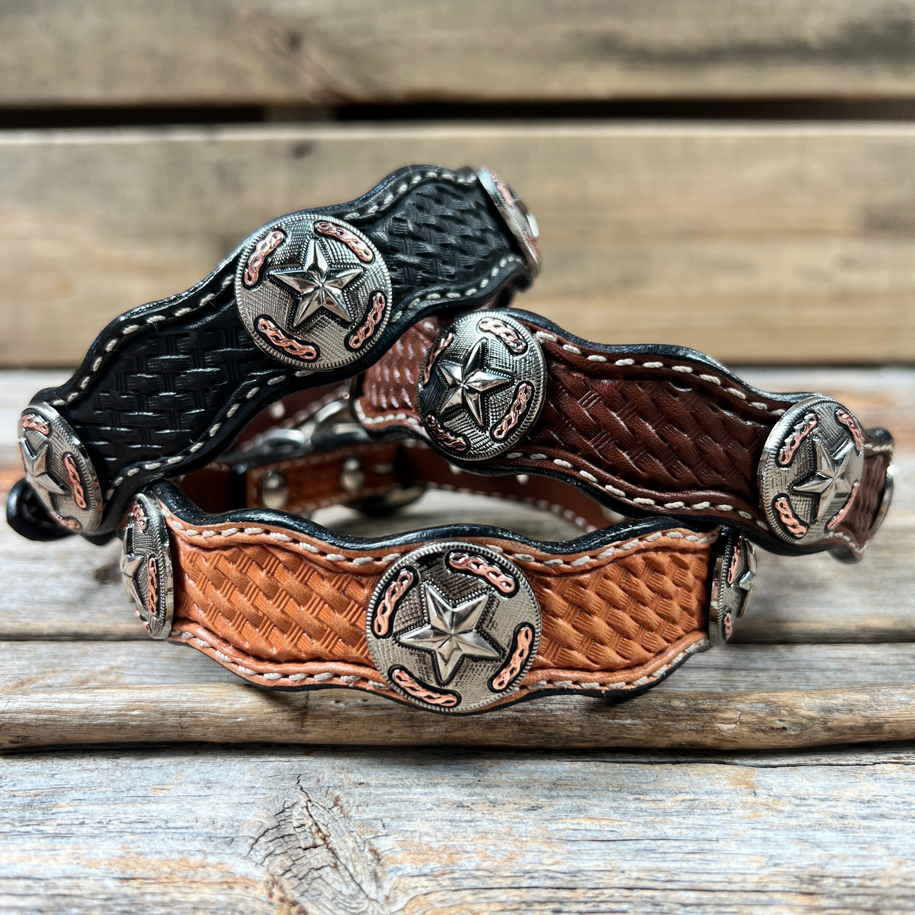 Leather Dog Collar With Antique Silver Texas Star Conchos 10" to 22" W187S -DC59