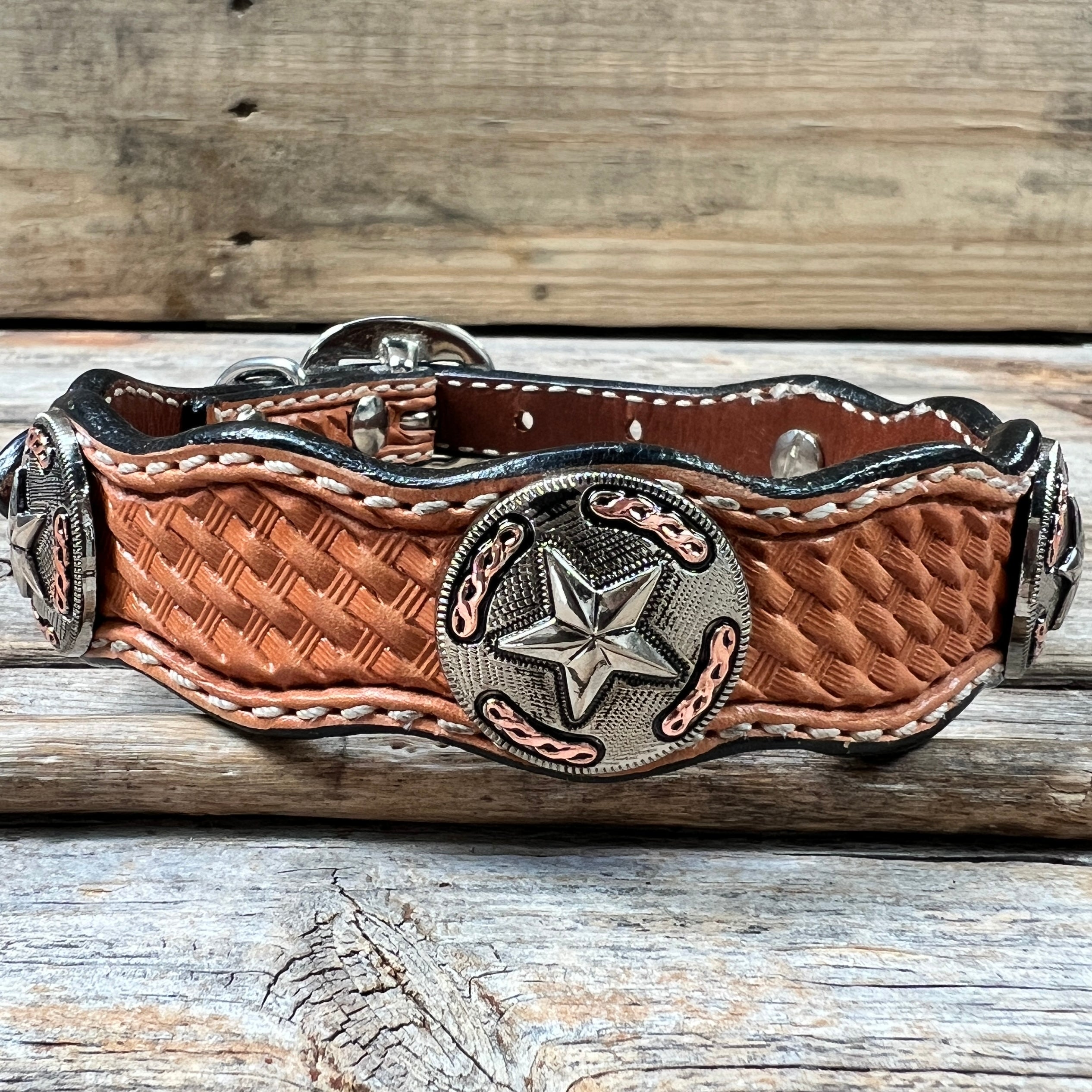 Leather Dog Collar With Antique Silver Texas Star Conchos 10