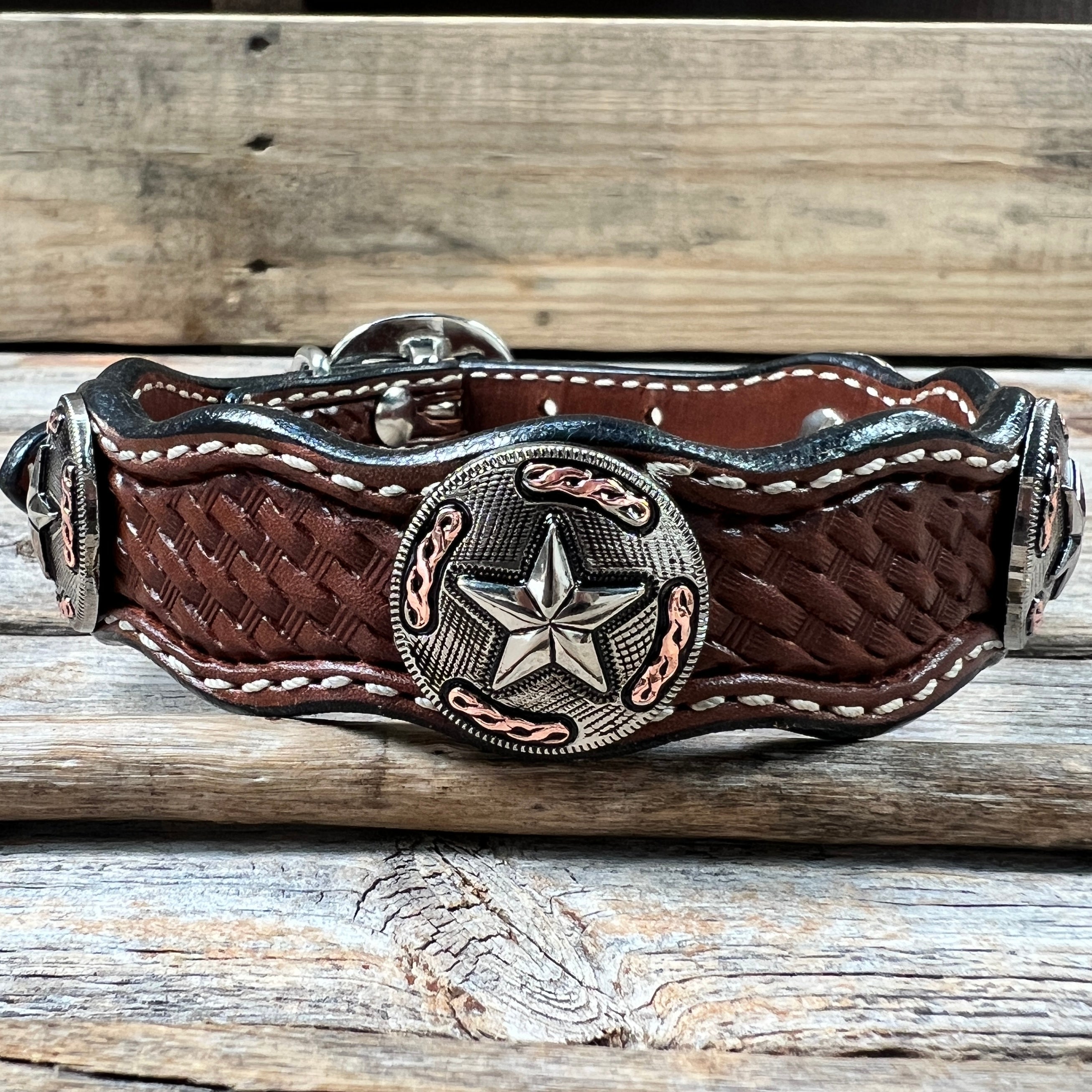 Leather Dog Collar With Antique Silver Texas Star Conchos 10
