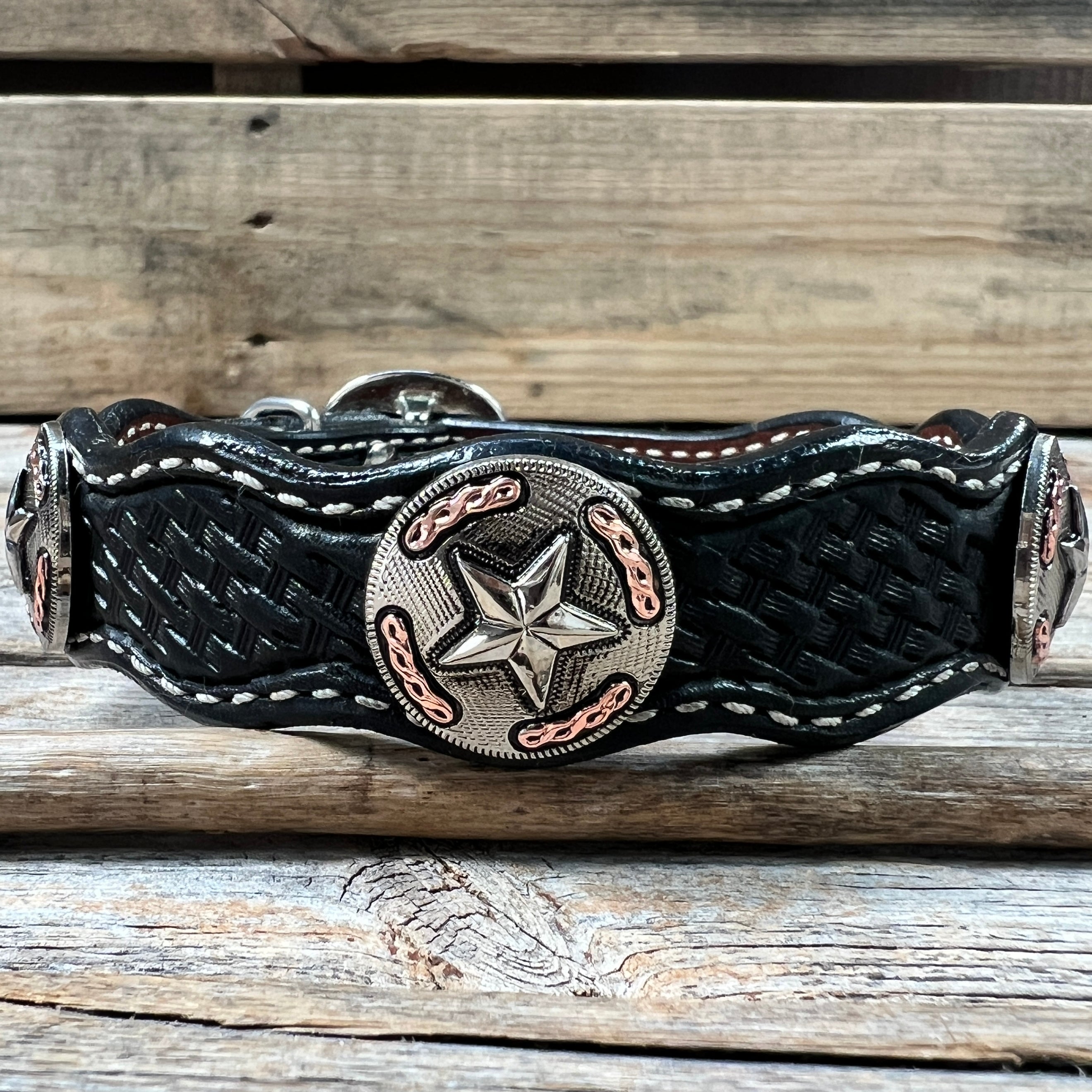 Leather Dog Collar With Antique Silver Texas Star Conchos 10" to 22" W187S -DC59