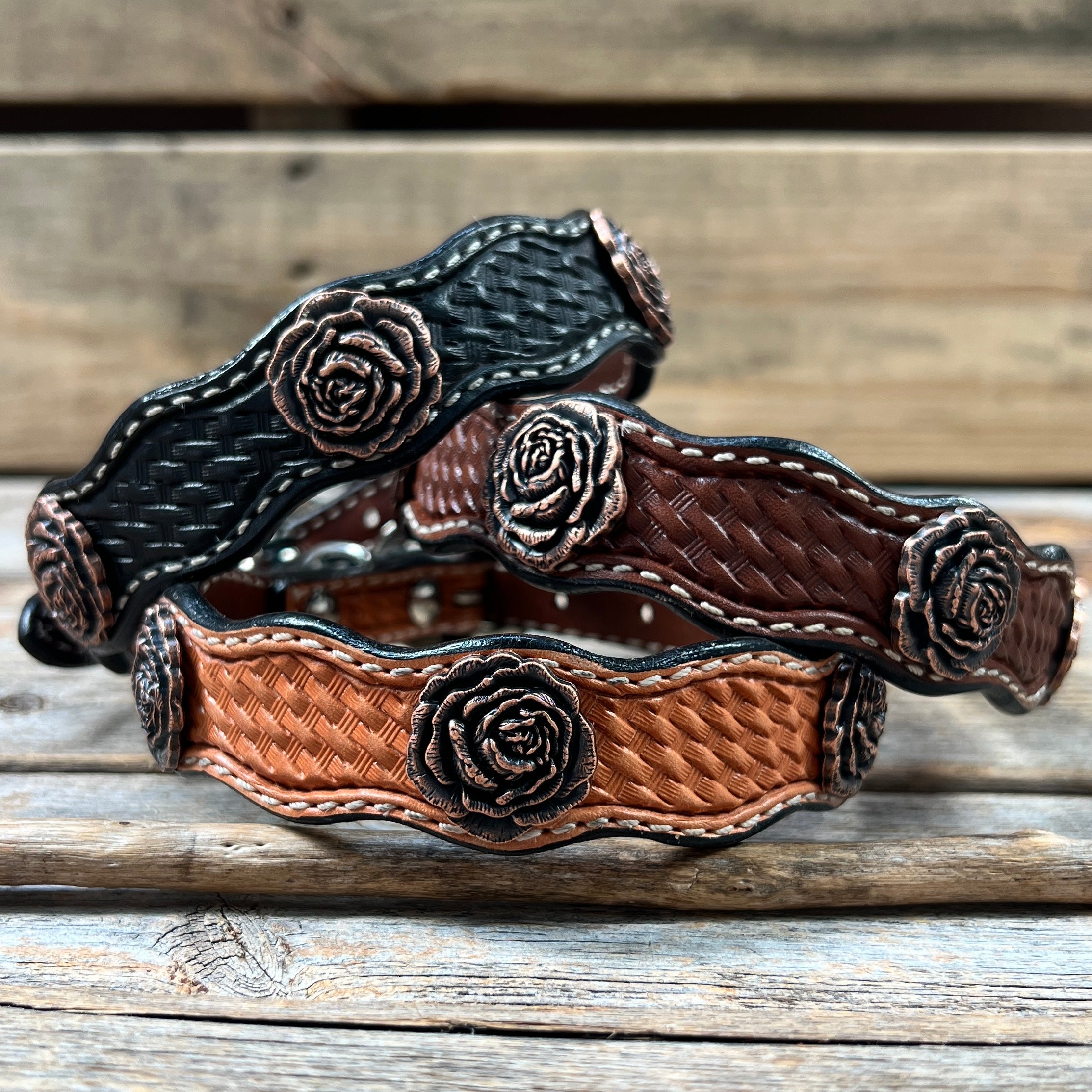 Leather Dog Collar With Copper Rose Conchos 10" to 22" W107S -DC61