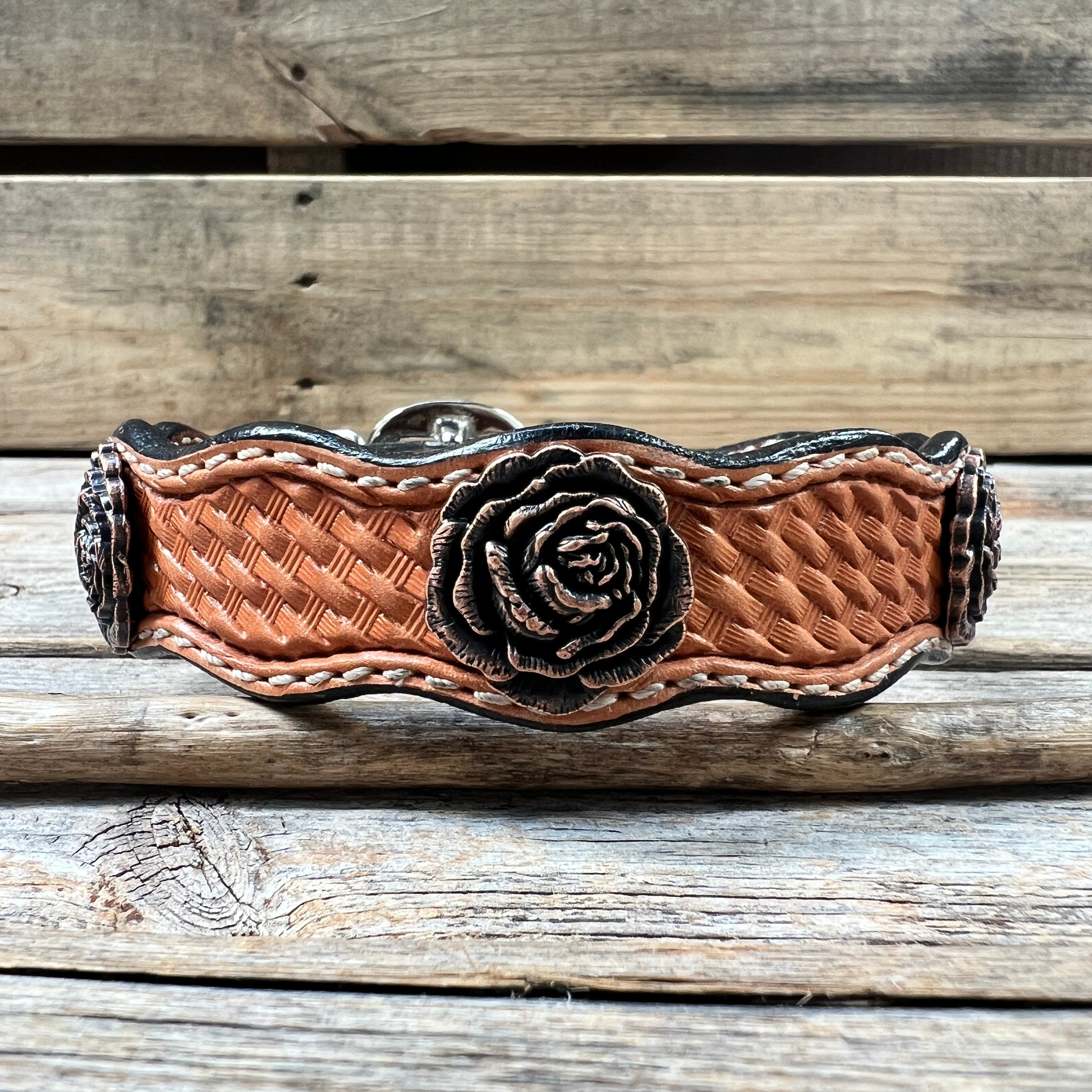 Leather Dog Collar With Copper Rose Conchos 10" to 22" W107S -DC61