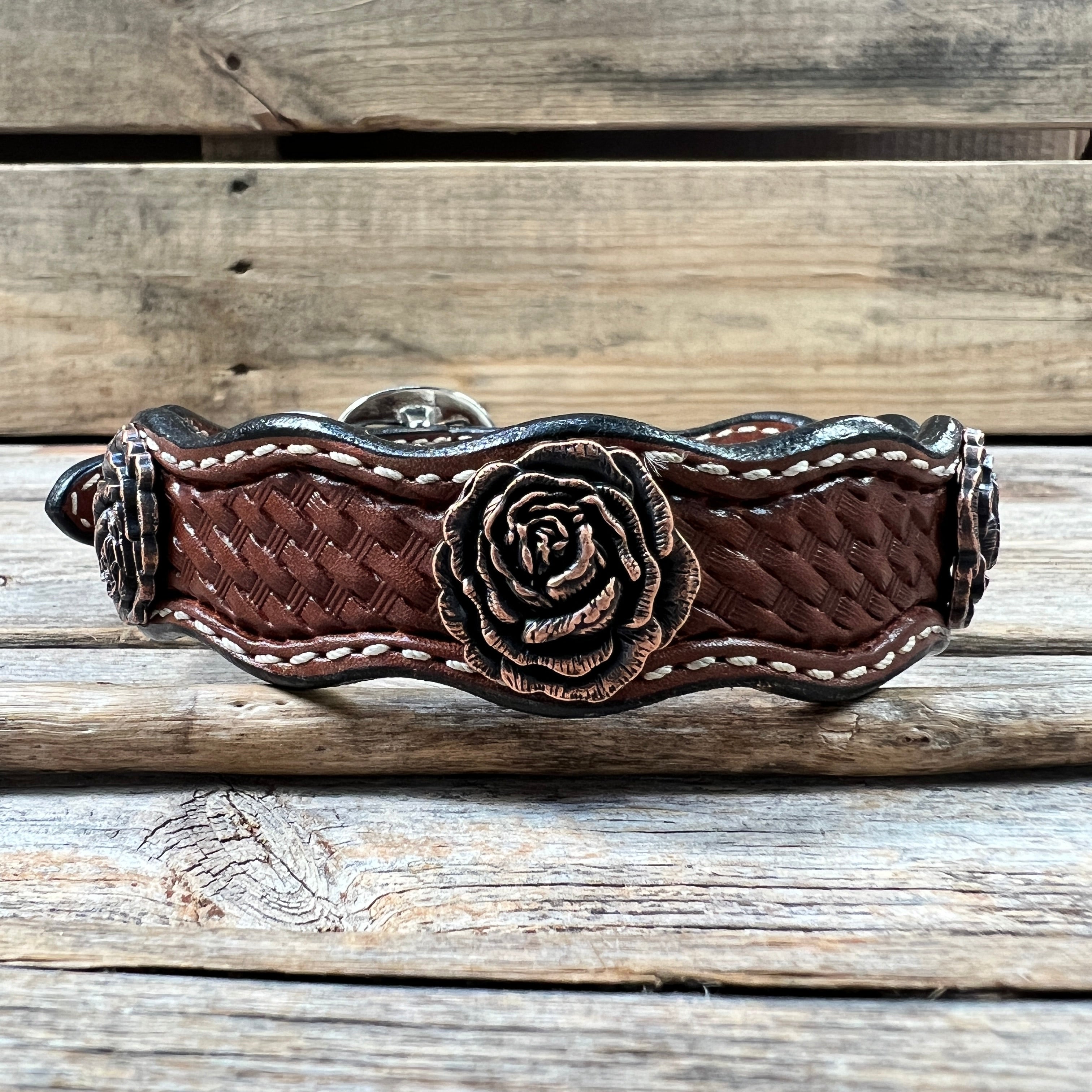 Leather Dog Collar With Copper Rose Conchos 10" to 22" W107S -DC61