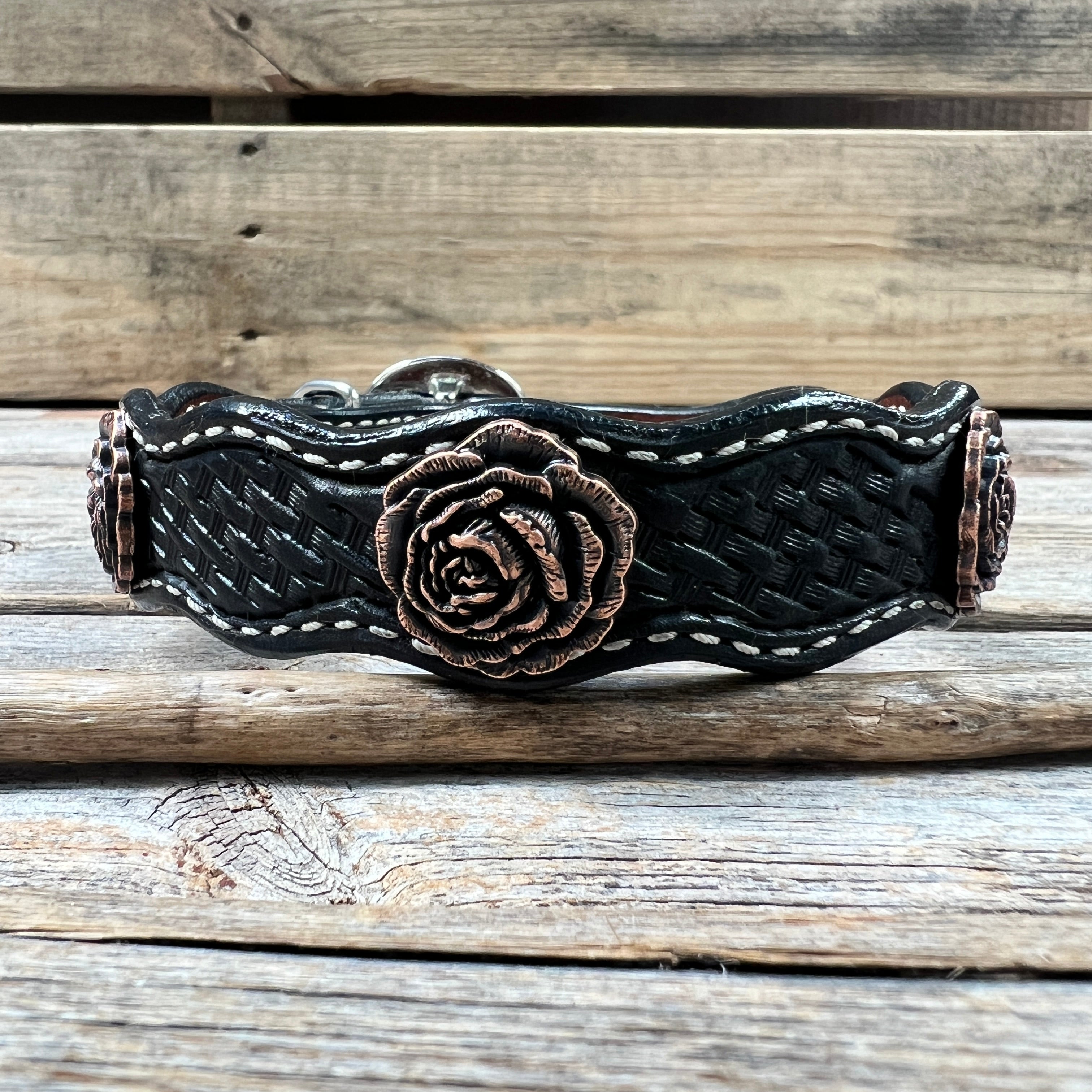 Leather Dog Collar With Copper Rose Conchos 10" to 22" W107S -DC61