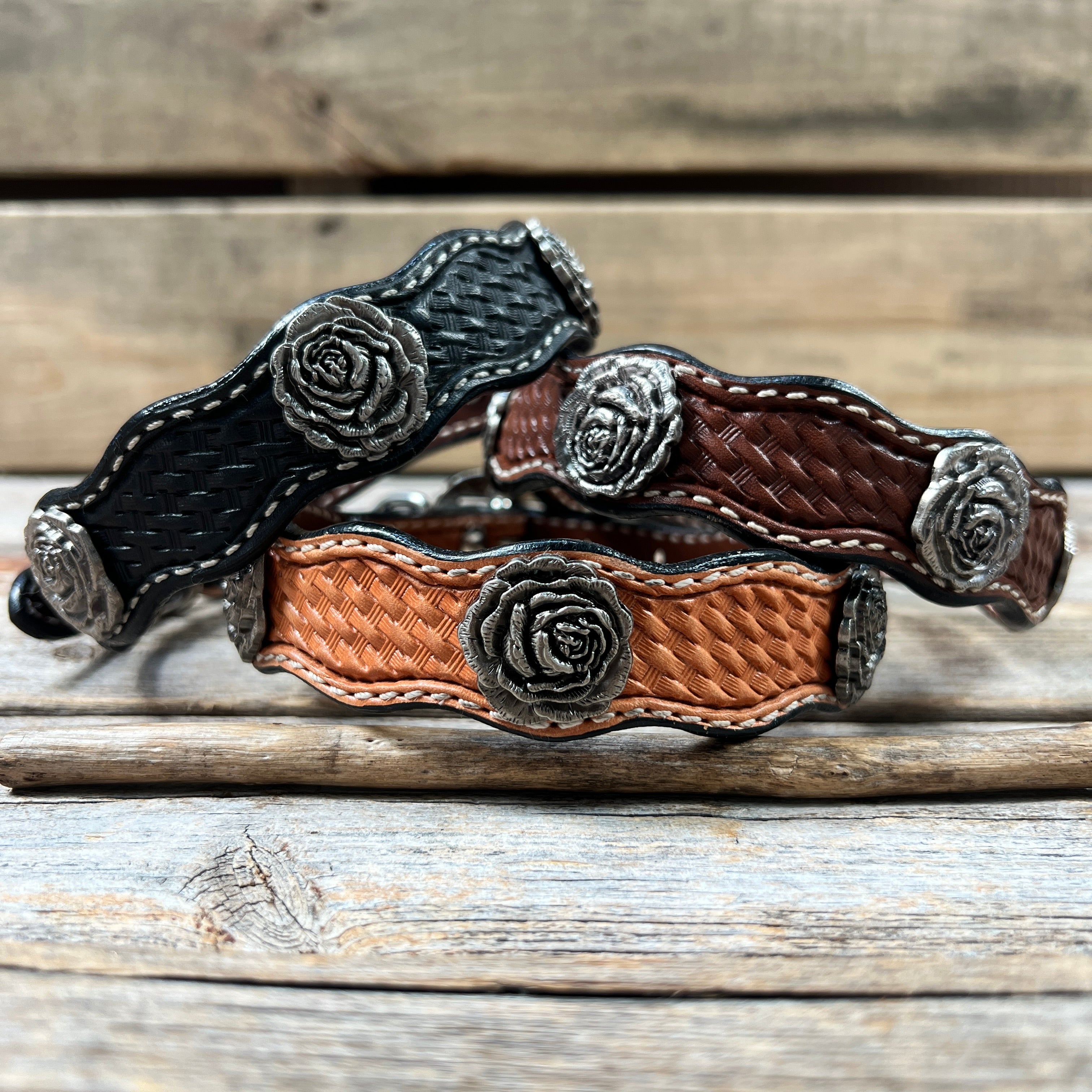 Leather Dog Collar With Antique Silver Rose Conchos 10