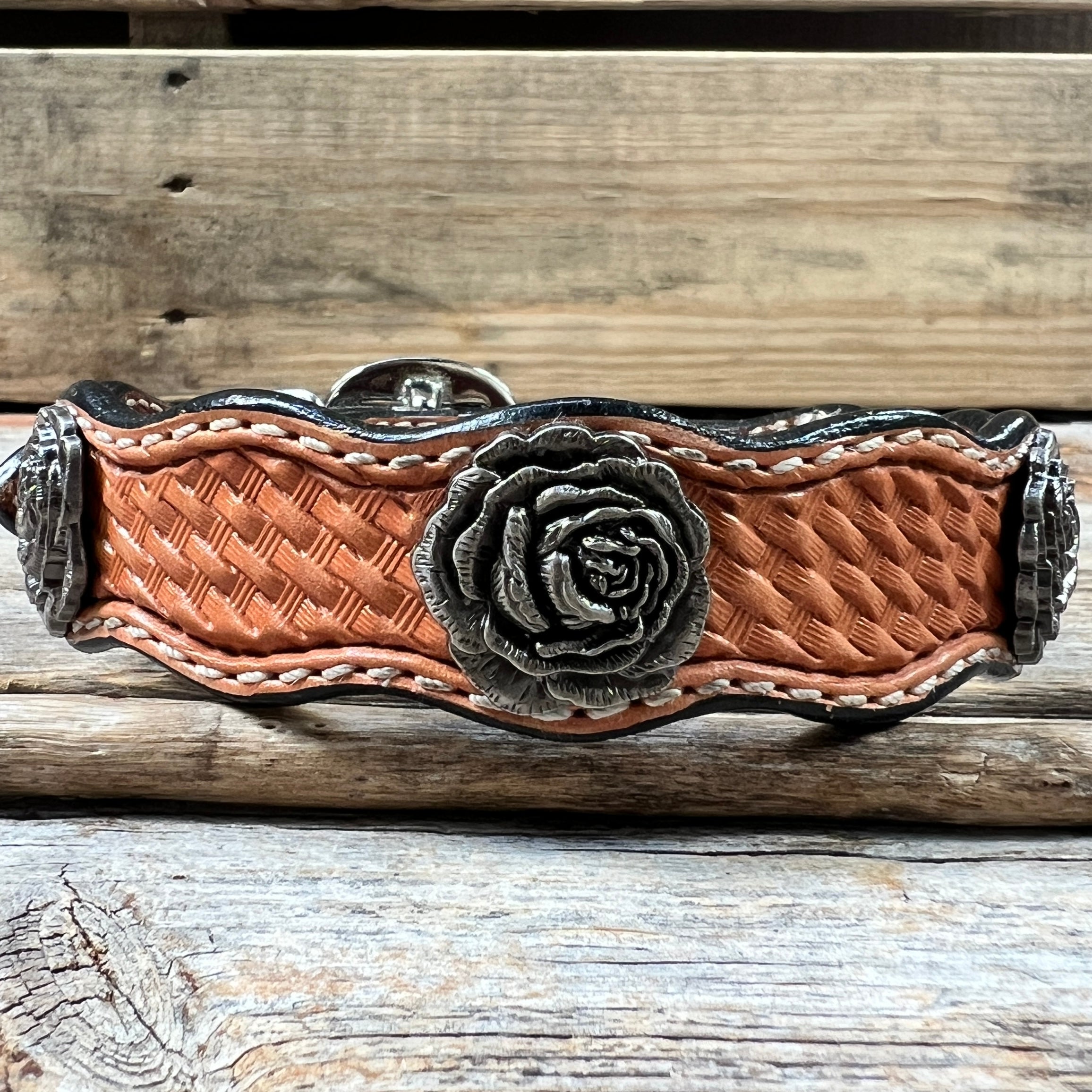 Leather Dog Collar With Antique Silver Rose Conchos 10