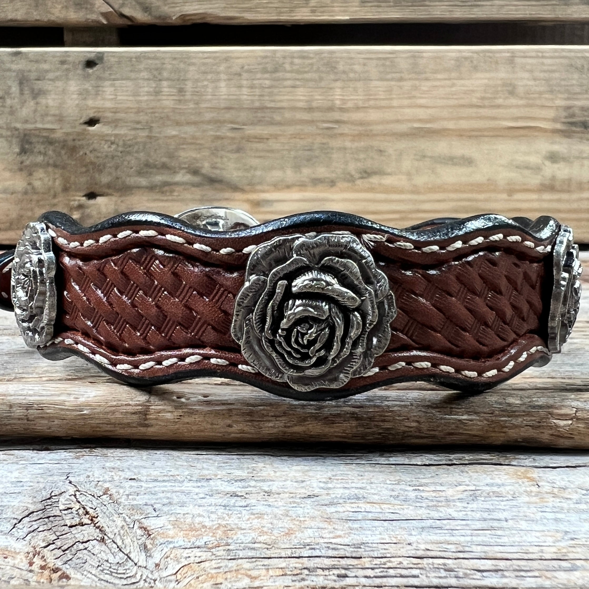 Leather Dog Collar With Antique Silver Rose Conchos 10" to 22" W108S -DC60