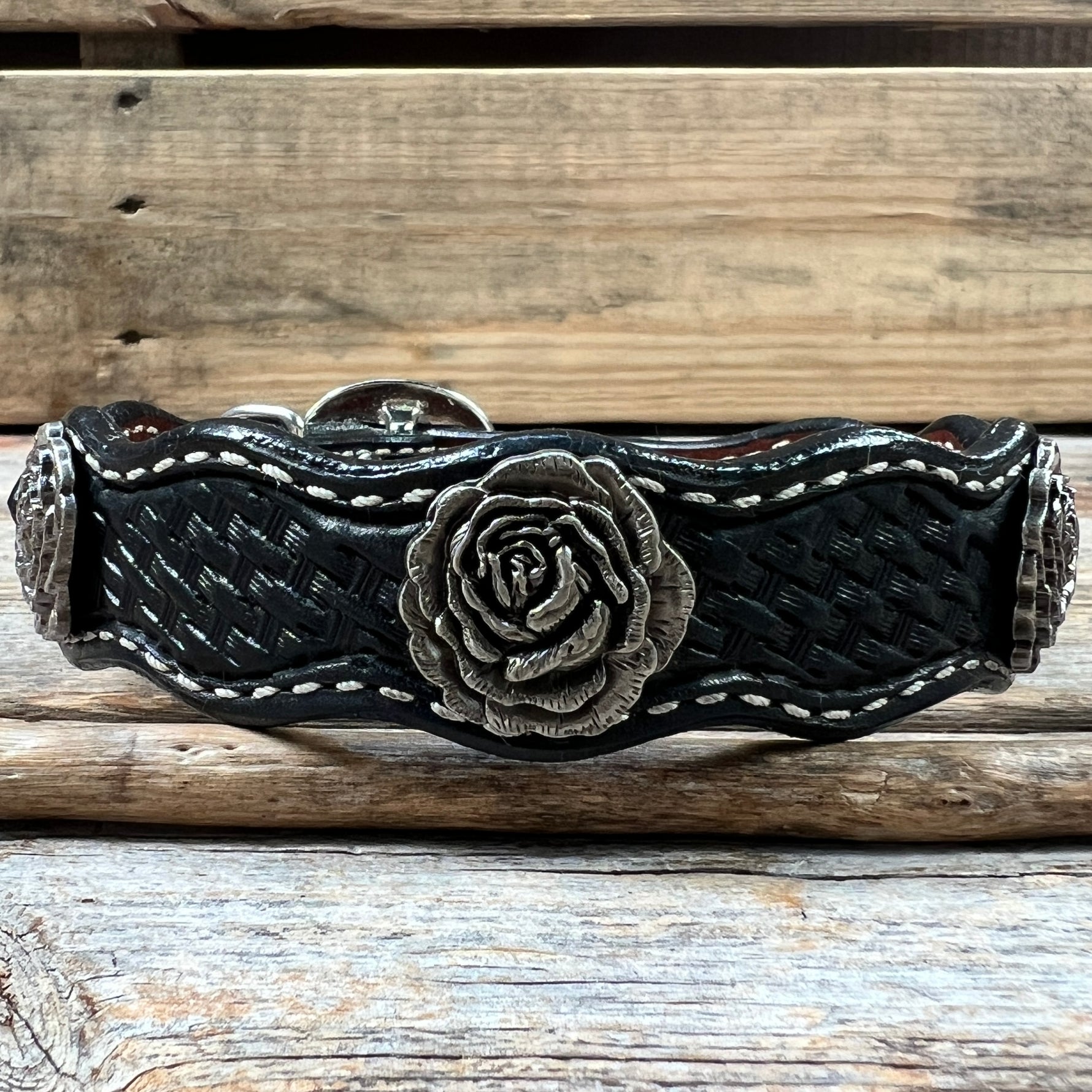 Genuine Leather Dog Collar With Antique Silver Rose Conchos 10" to 22" W108S -DC60