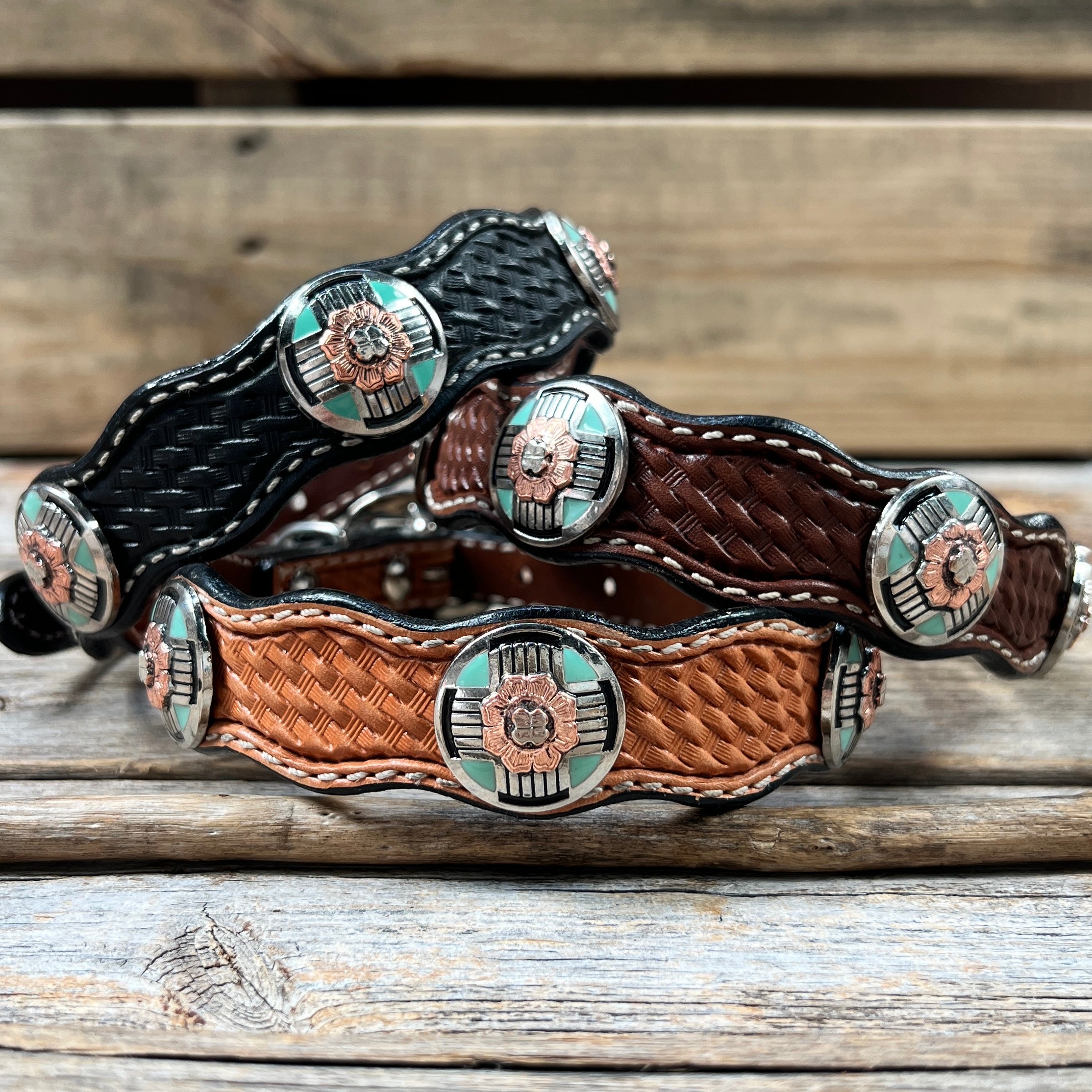 Leather Dog Collar With Antique Silver and Copper Flower Conchos 10" to 22" W190S -DC62