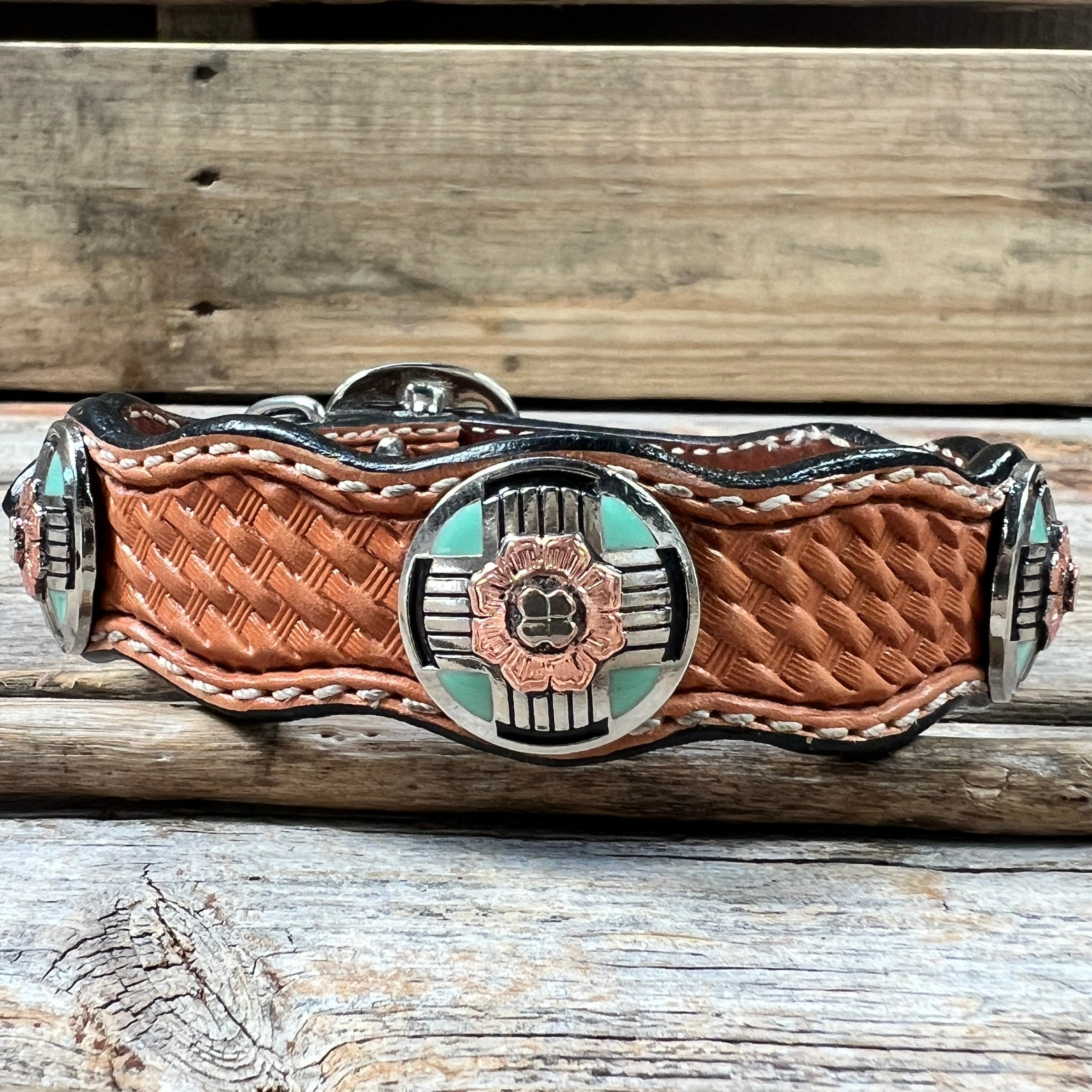 Leather Dog Collar With Antique Silver and Copper Flower Conchos 10