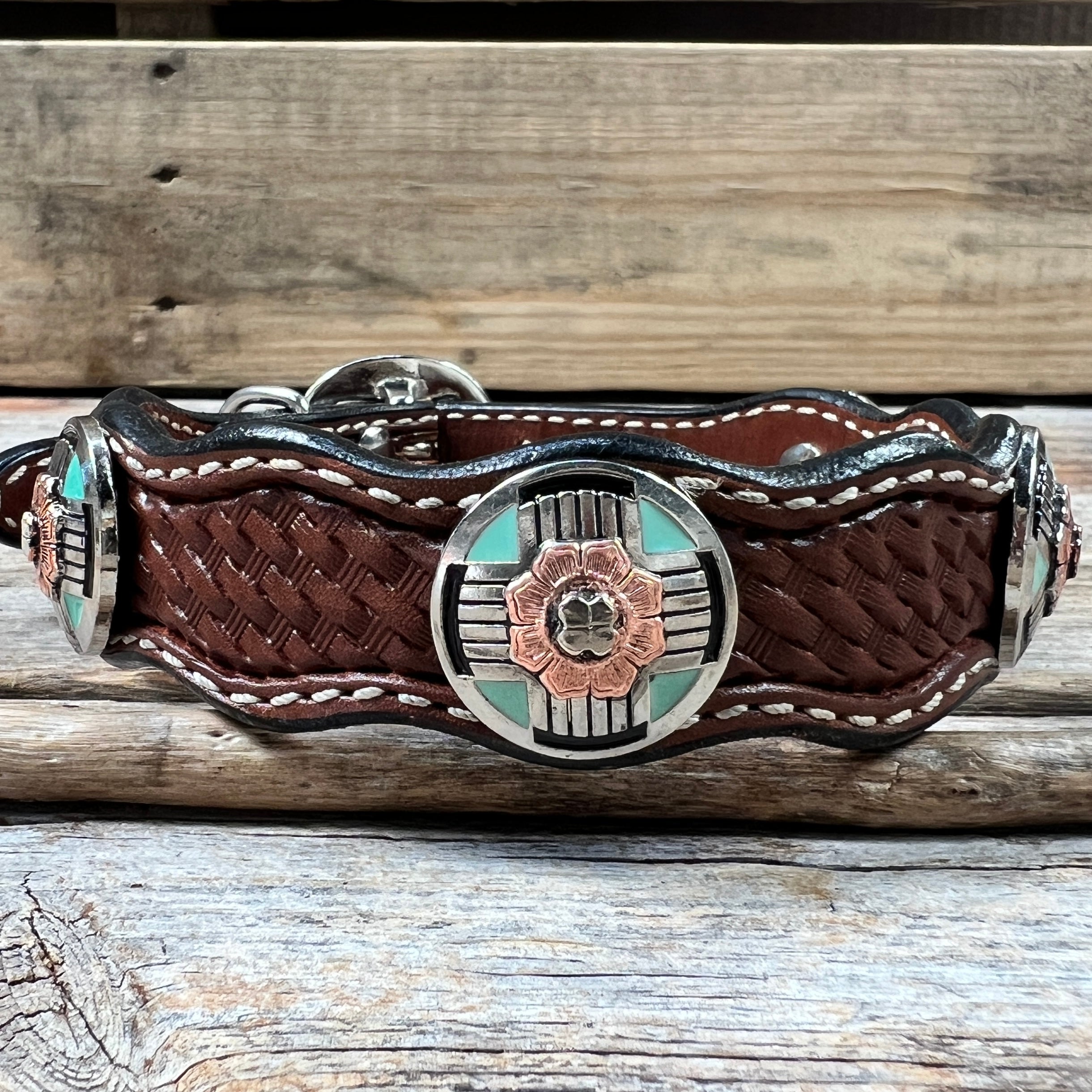 Leather Dog Collar With Antique Silver and Copper Flower Conchos 10" to 22" W190S -DC62