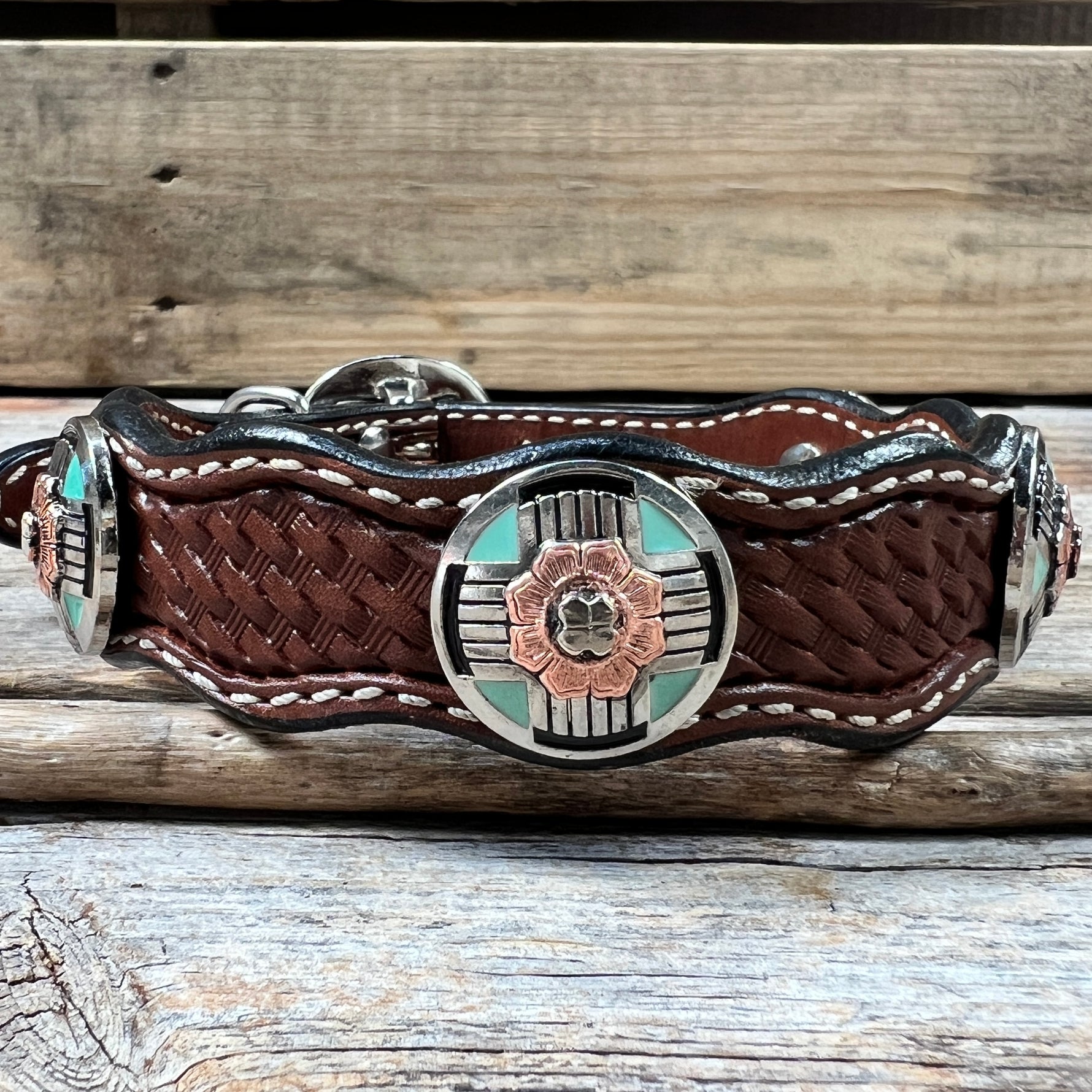 Genuine Leather Dog Collar With Antique Silver and Copper Flower Conchos 10" to 22" W190S -DC62