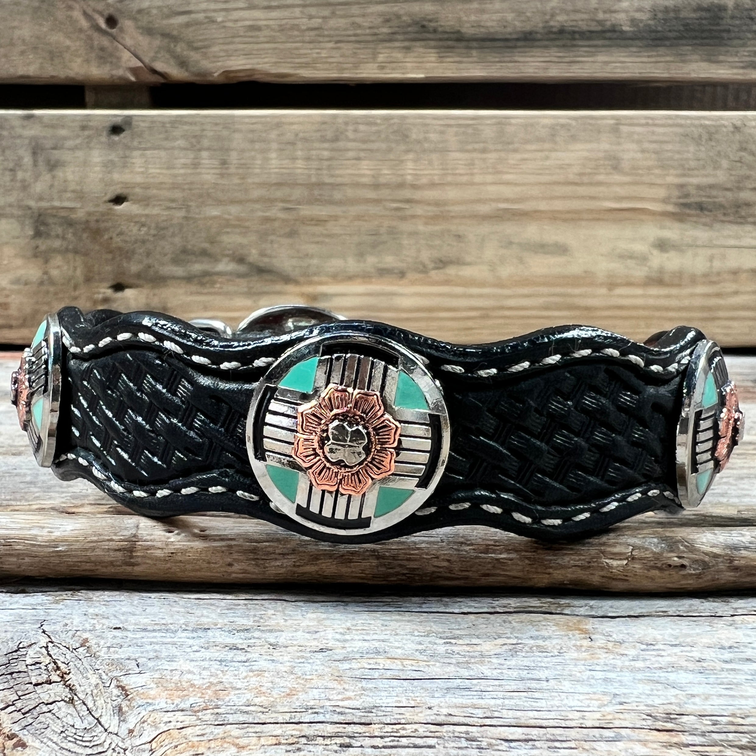 Leather Dog Collar With Antique Silver and Copper Flower Conchos 10