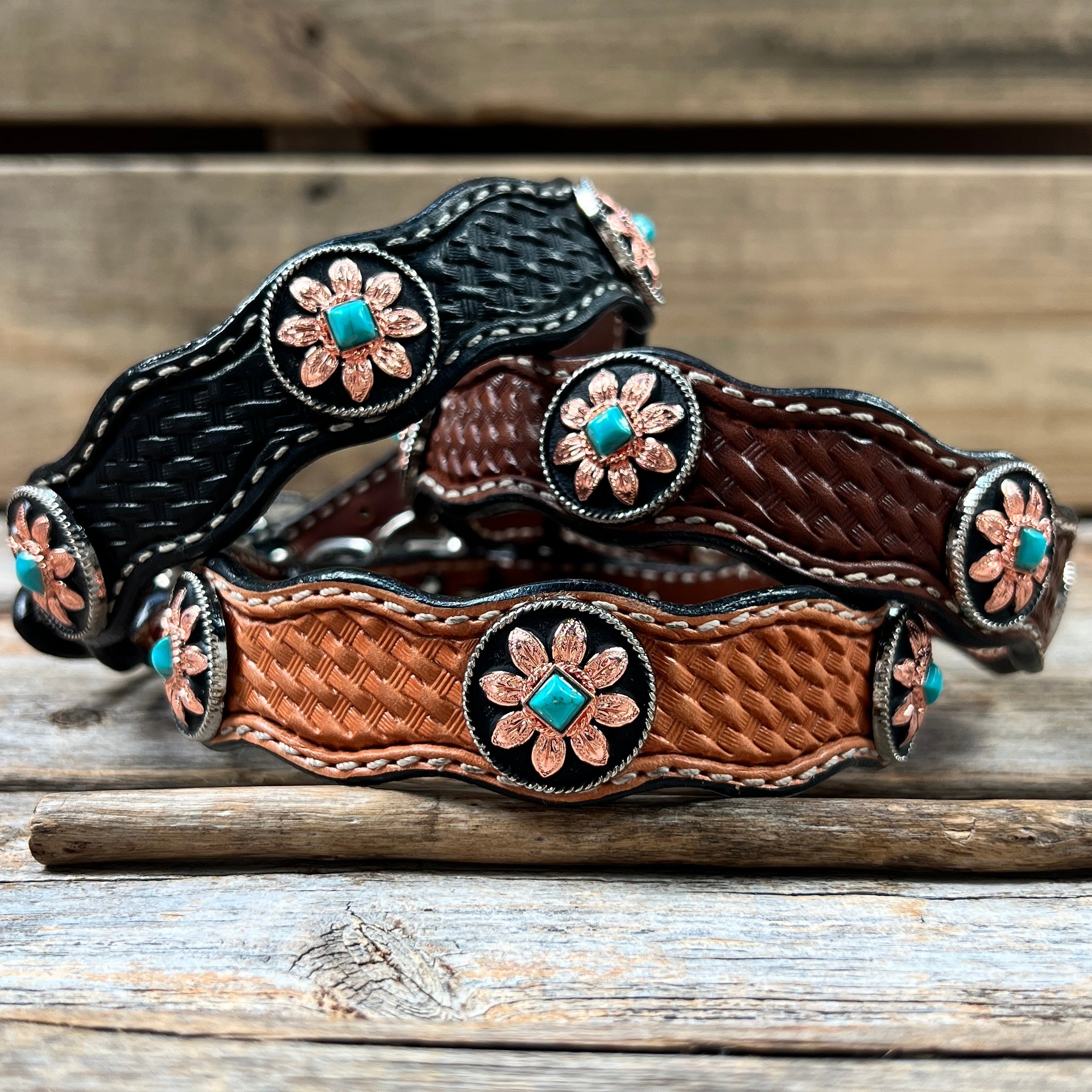 Leather Dog Collar With Copper Turquoise Sunflower Conchos 10