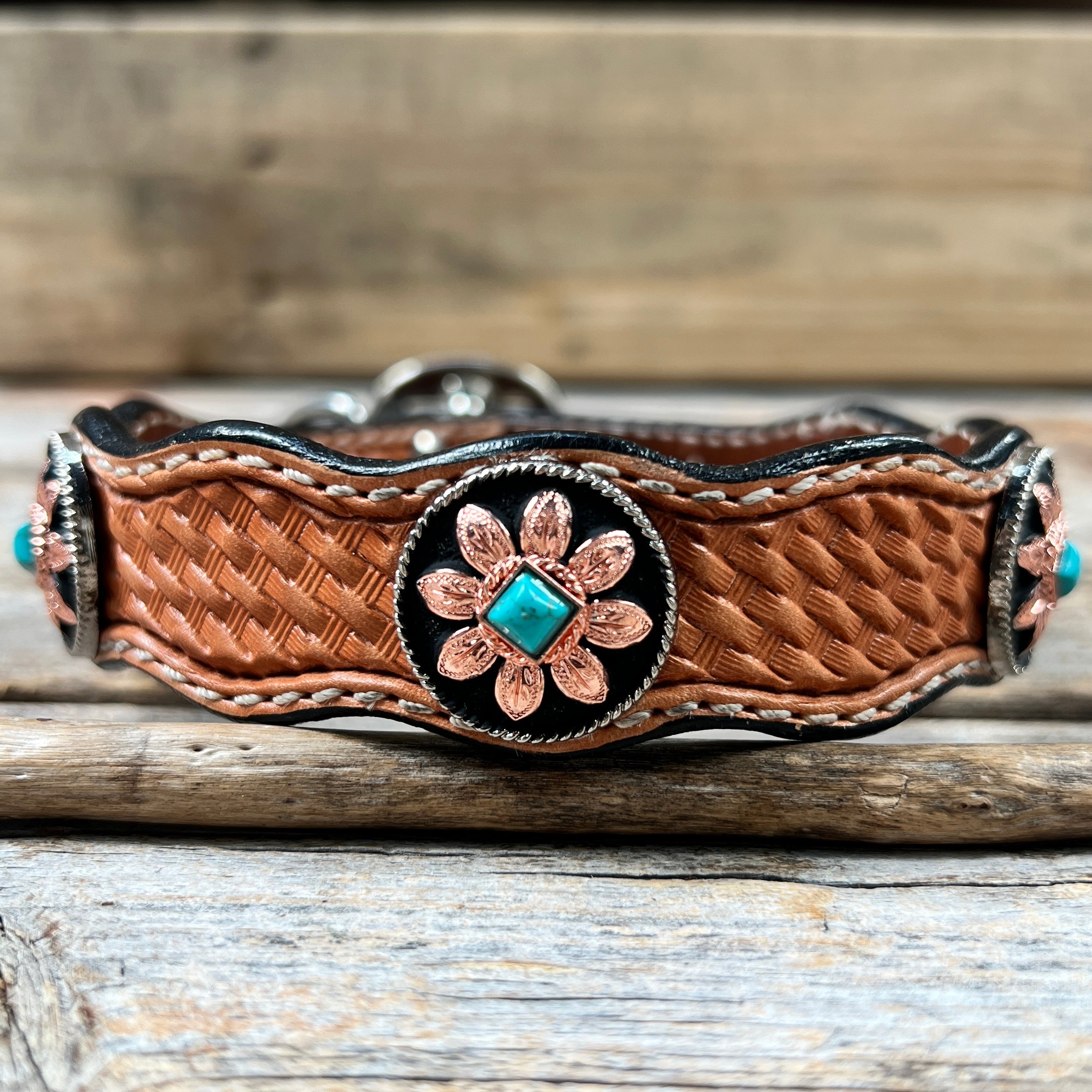 Leather Dog Collar With Copper Turquoise Sunflower Conchos 10" to 22" W188S -DC1006