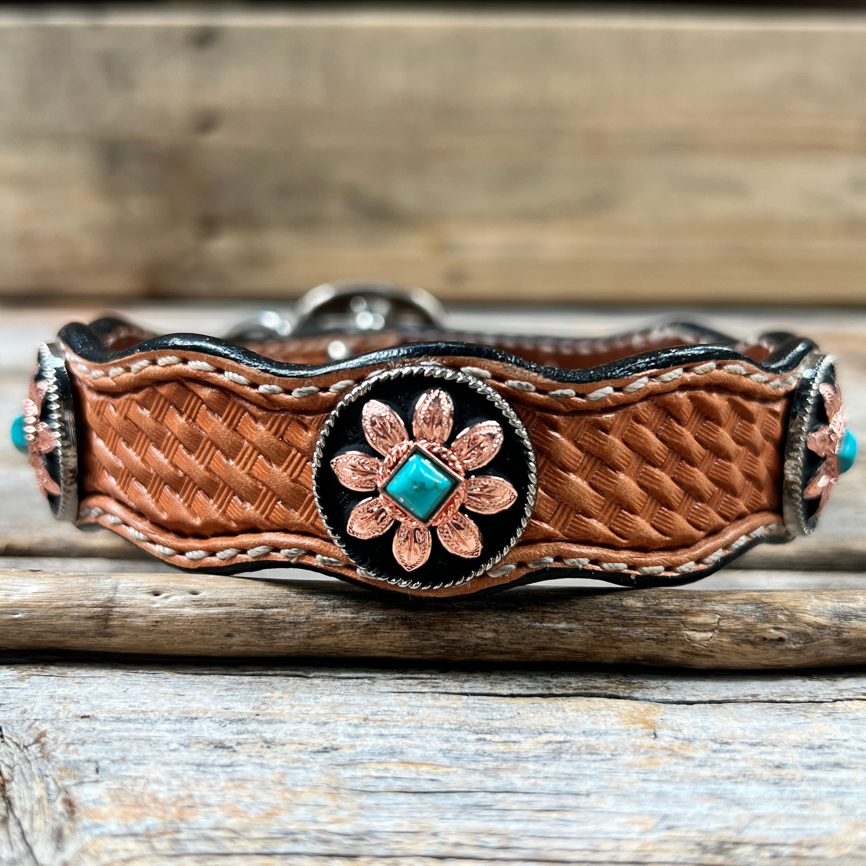 Genuine Leather Dog Collar or Leash With Copper Turquoise Sunflower Conchos 10" to 22" W188S orDC1006