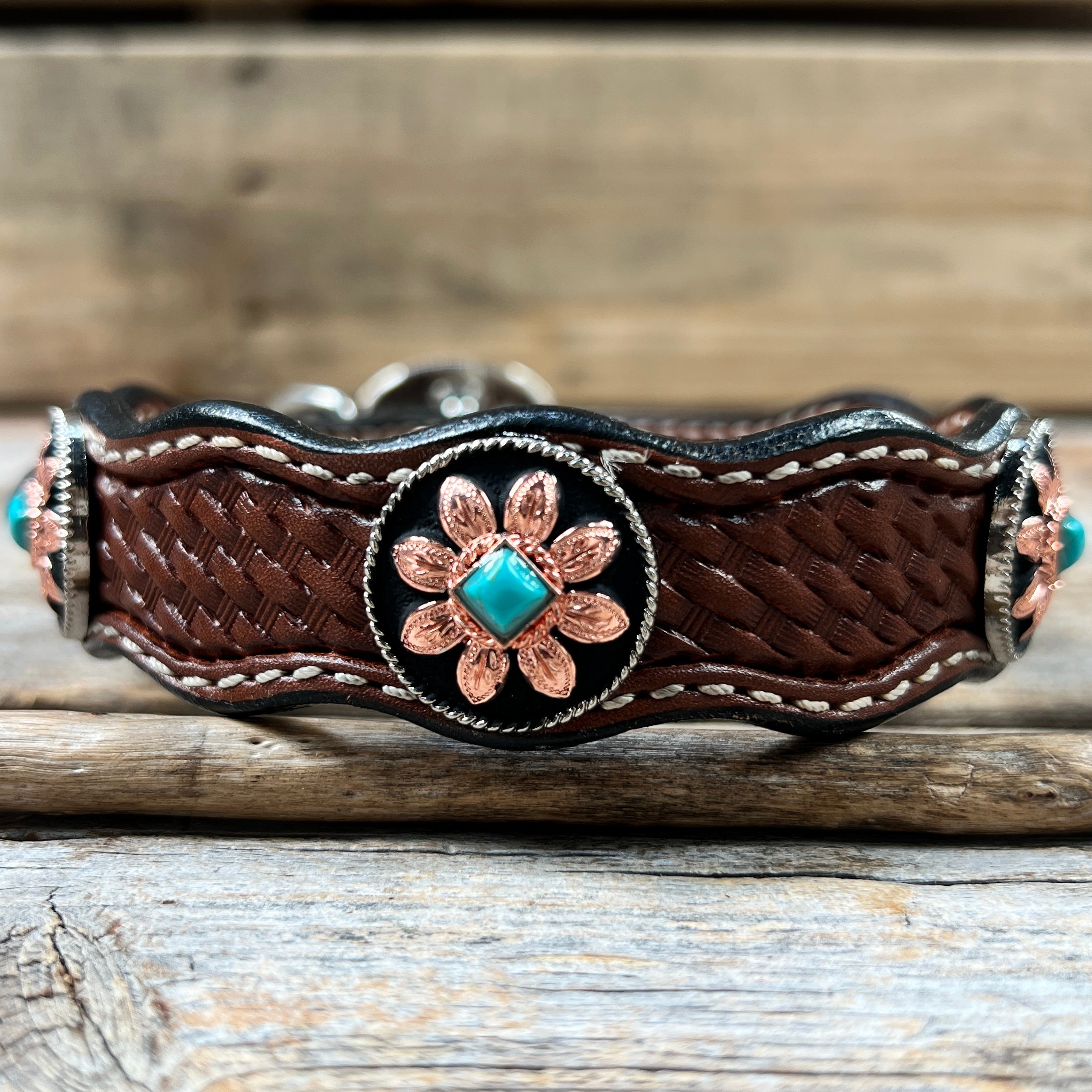 Leather Dog Collar With Copper Turquoise Sunflower Conchos 10" to 22" W188S -DC1006