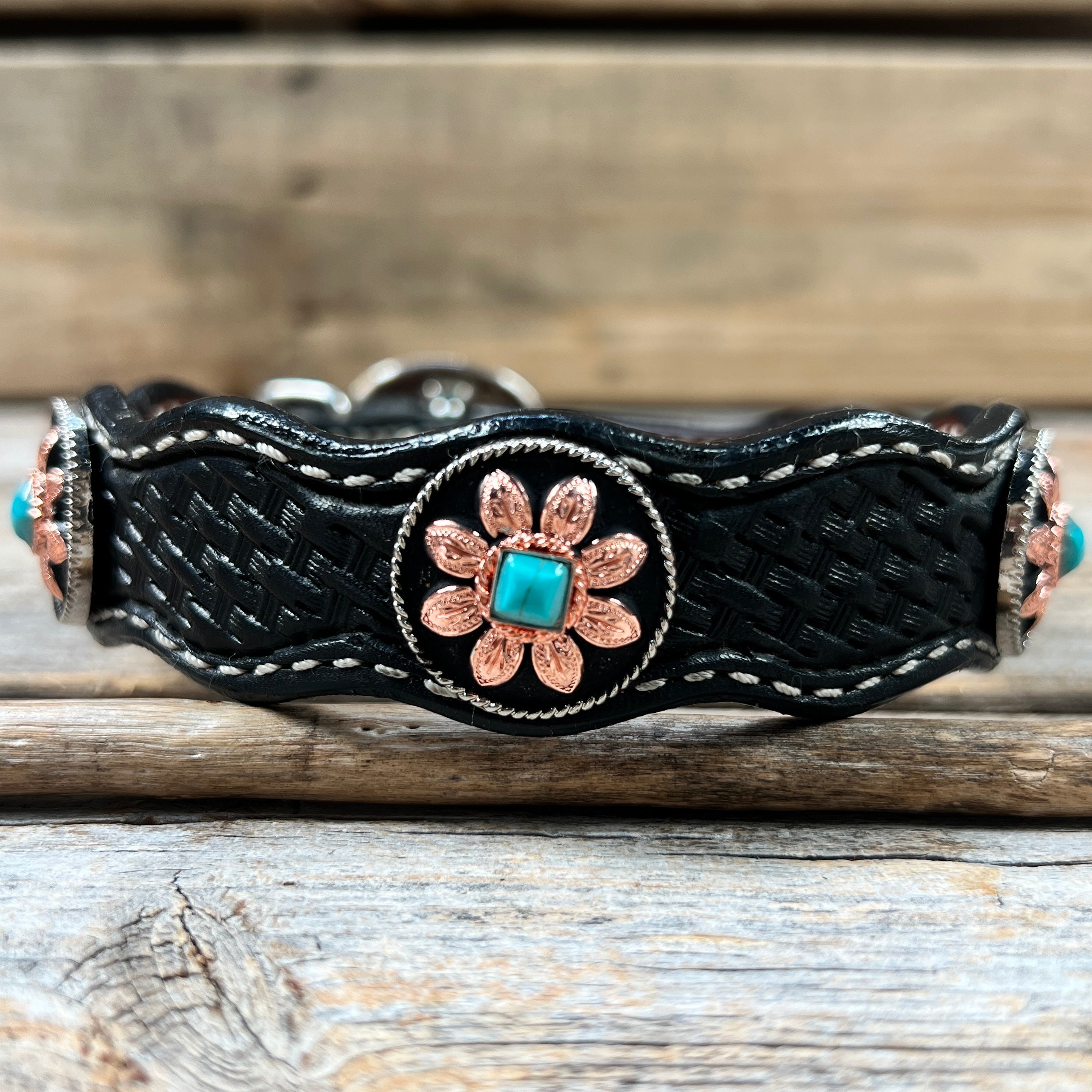 Leather Dog Collar With Copper Turquoise Sunflower Conchos 10" to 22" W188S -DC1006