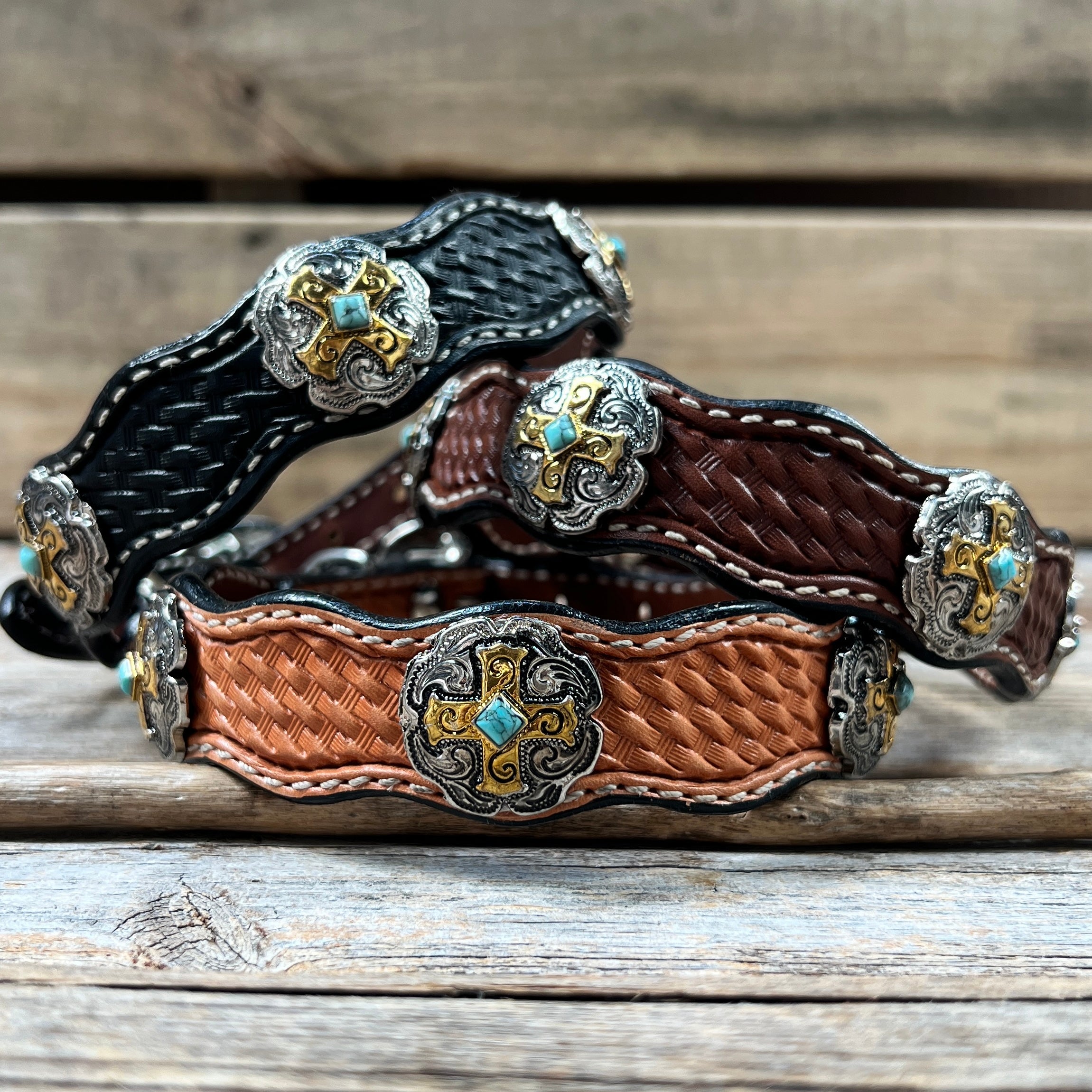 Leather Dog Collar With Gold Cross Conchos 10