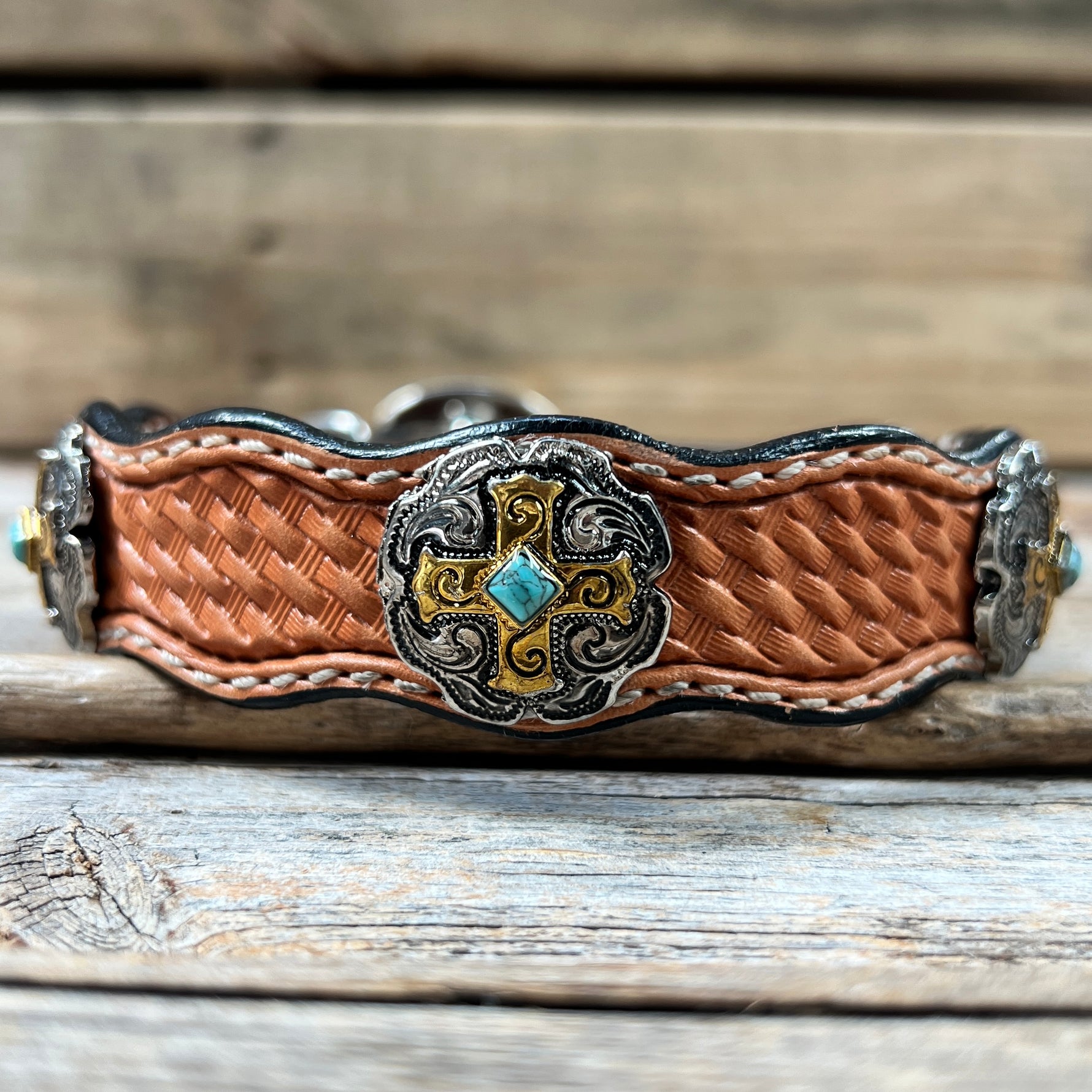 Genuine Leather Dog Collar With Gold Cross Conchos 10" to 22" W189S -DC63