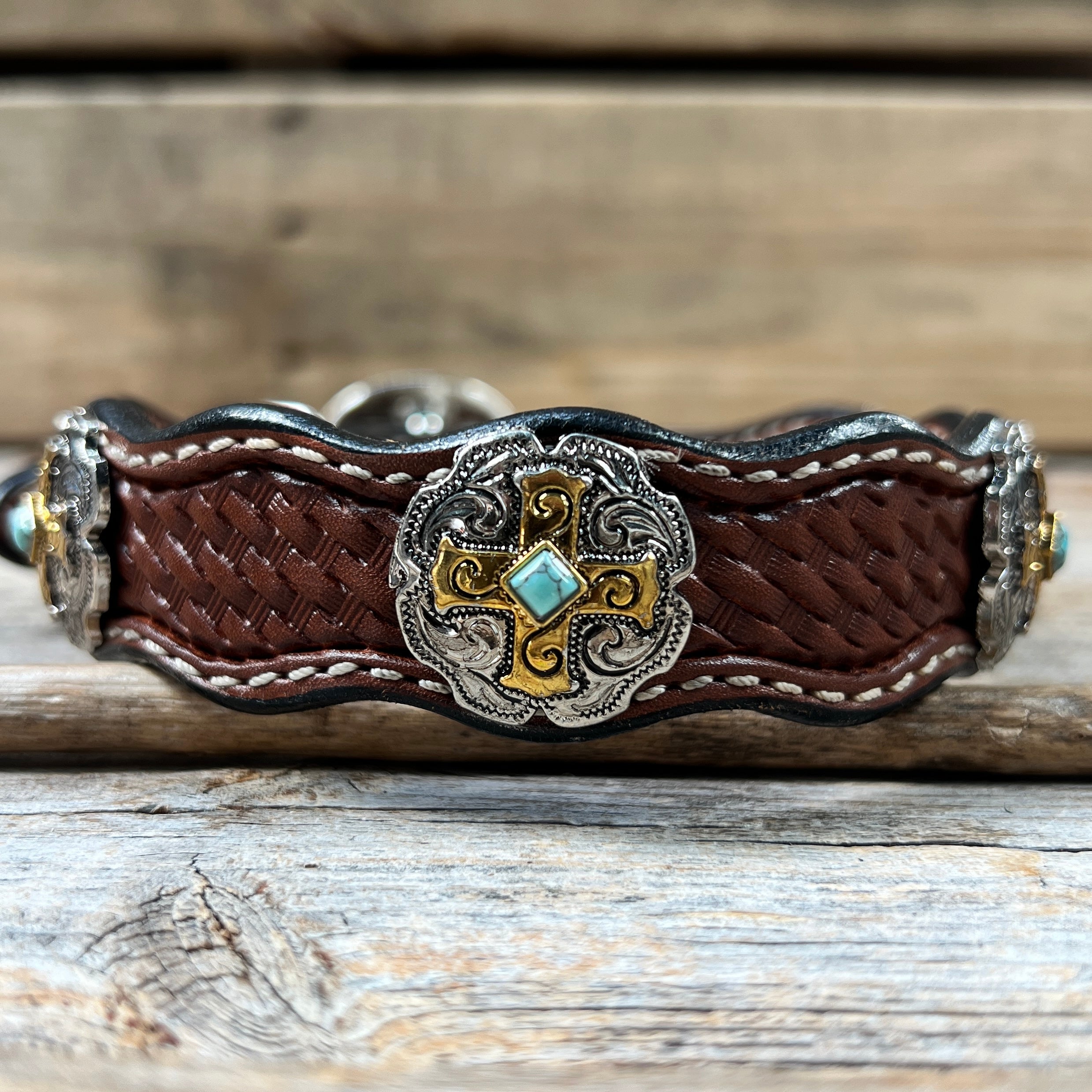 Leather Dog Collar With Gold Cross Conchos 10