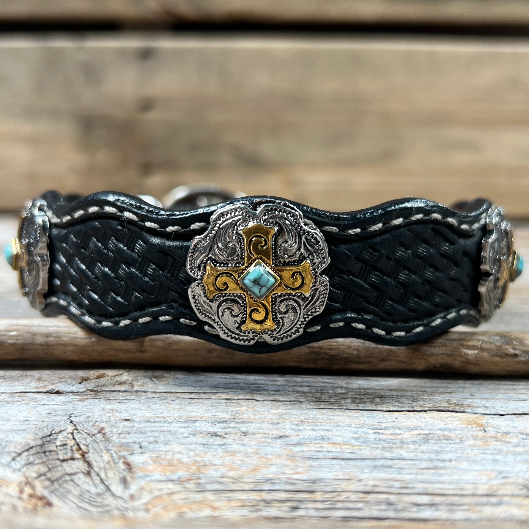 Genuine Leather Dog Collar With Gold Cross Conchos 10" to 22" W189S -DC63