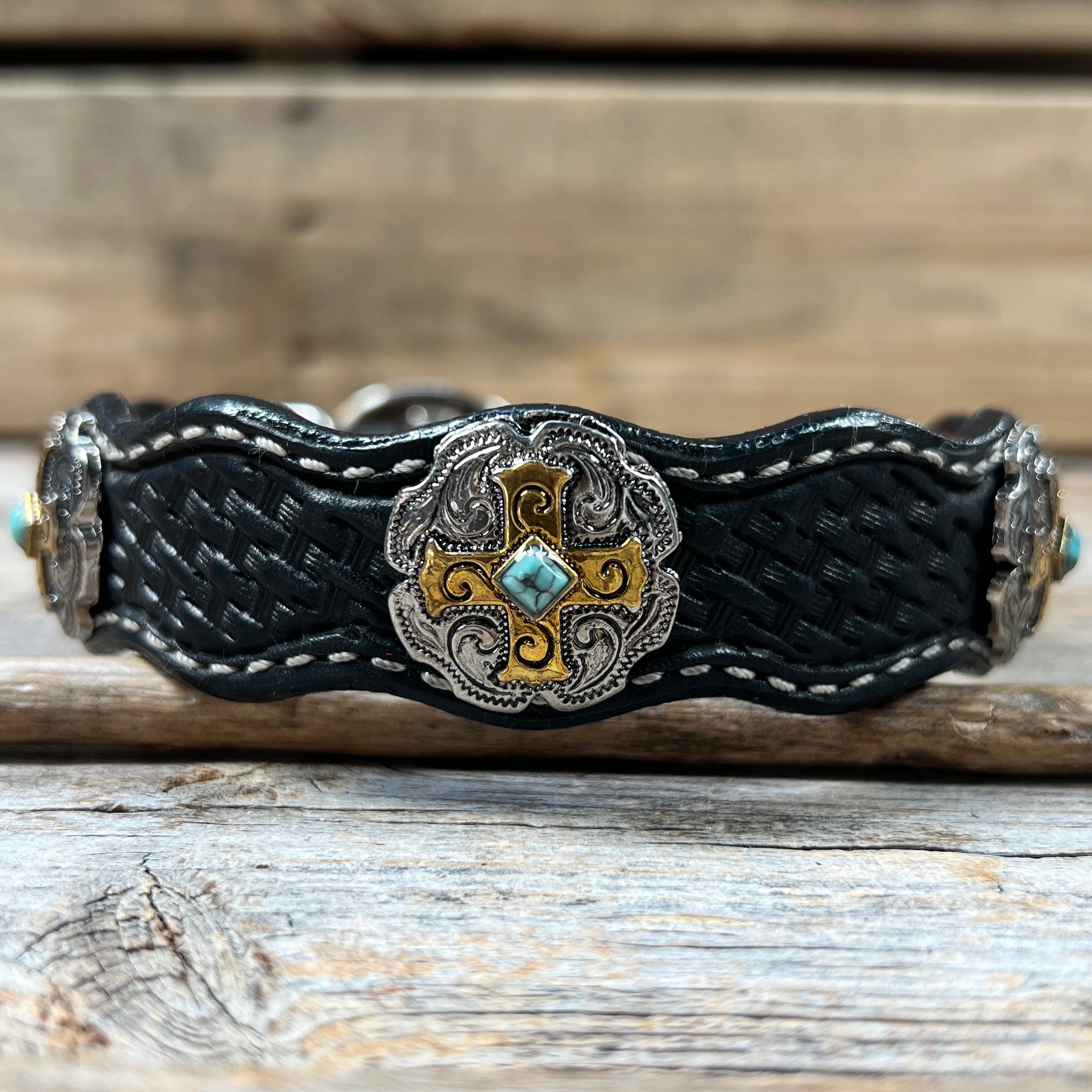 Leather Dog Collar With Gold Cross Conchos 10