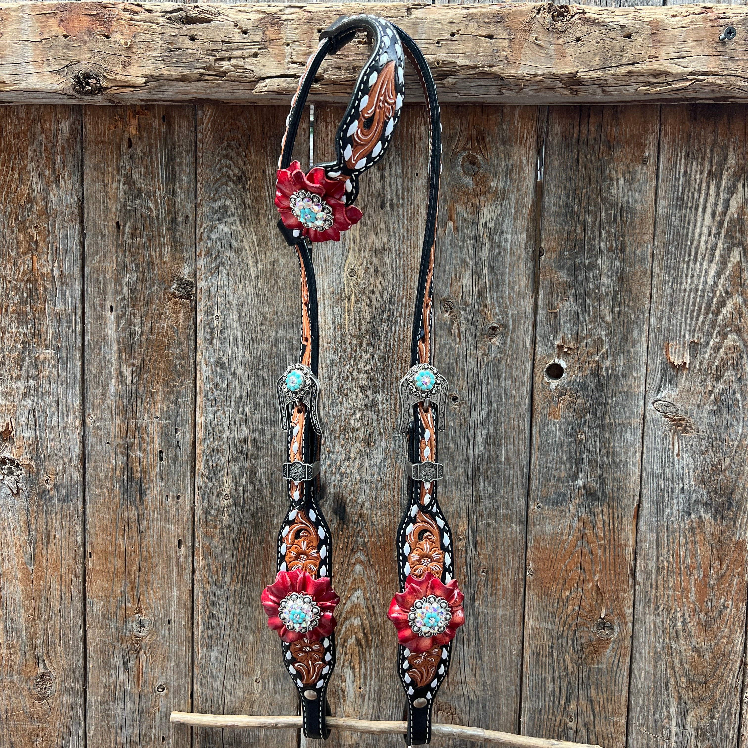 Classic Red and Turquoise Browband / One Ear Tack Set #BBBC436