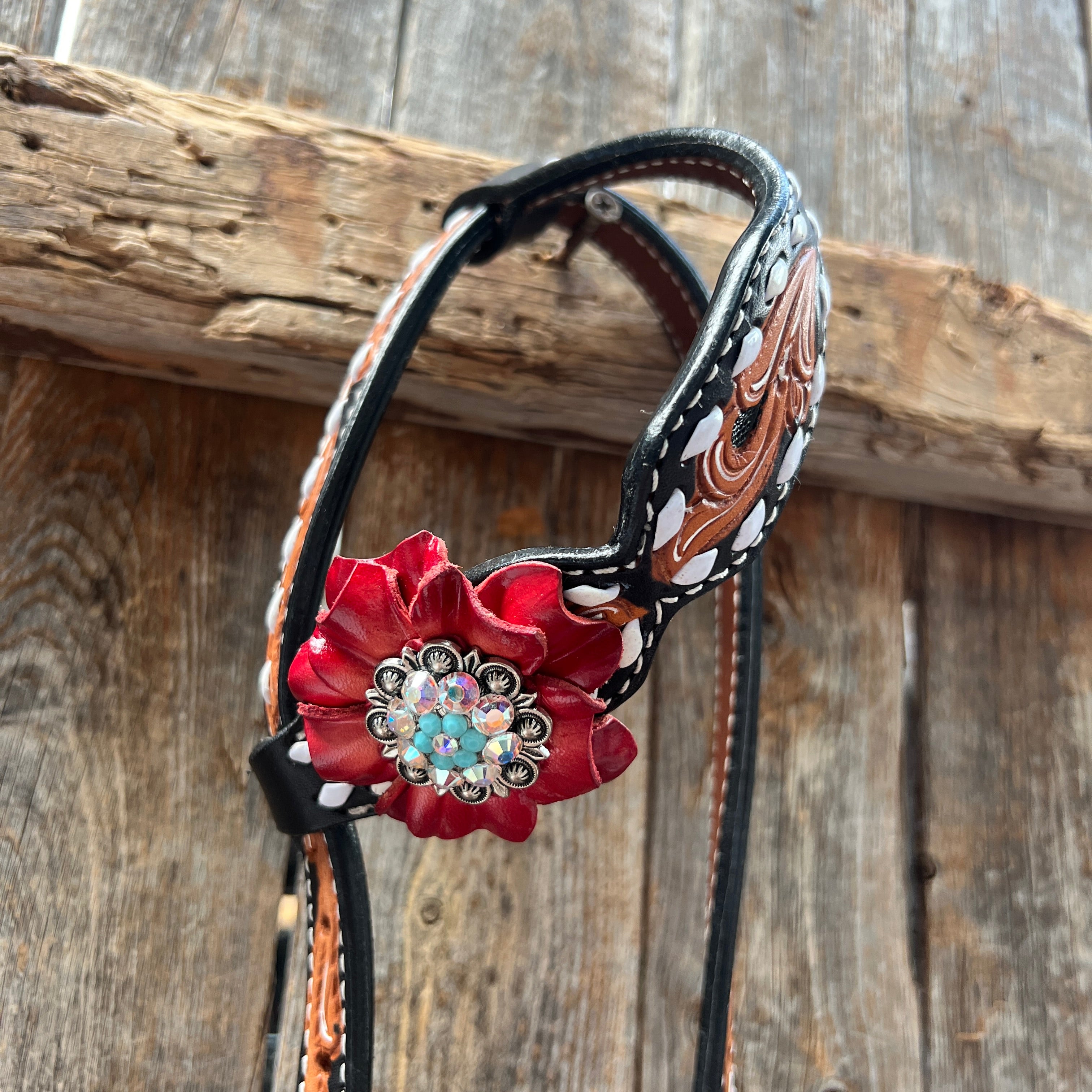 Classic Red and Turquoise Browband / One Ear Tack Set #BBBC436
