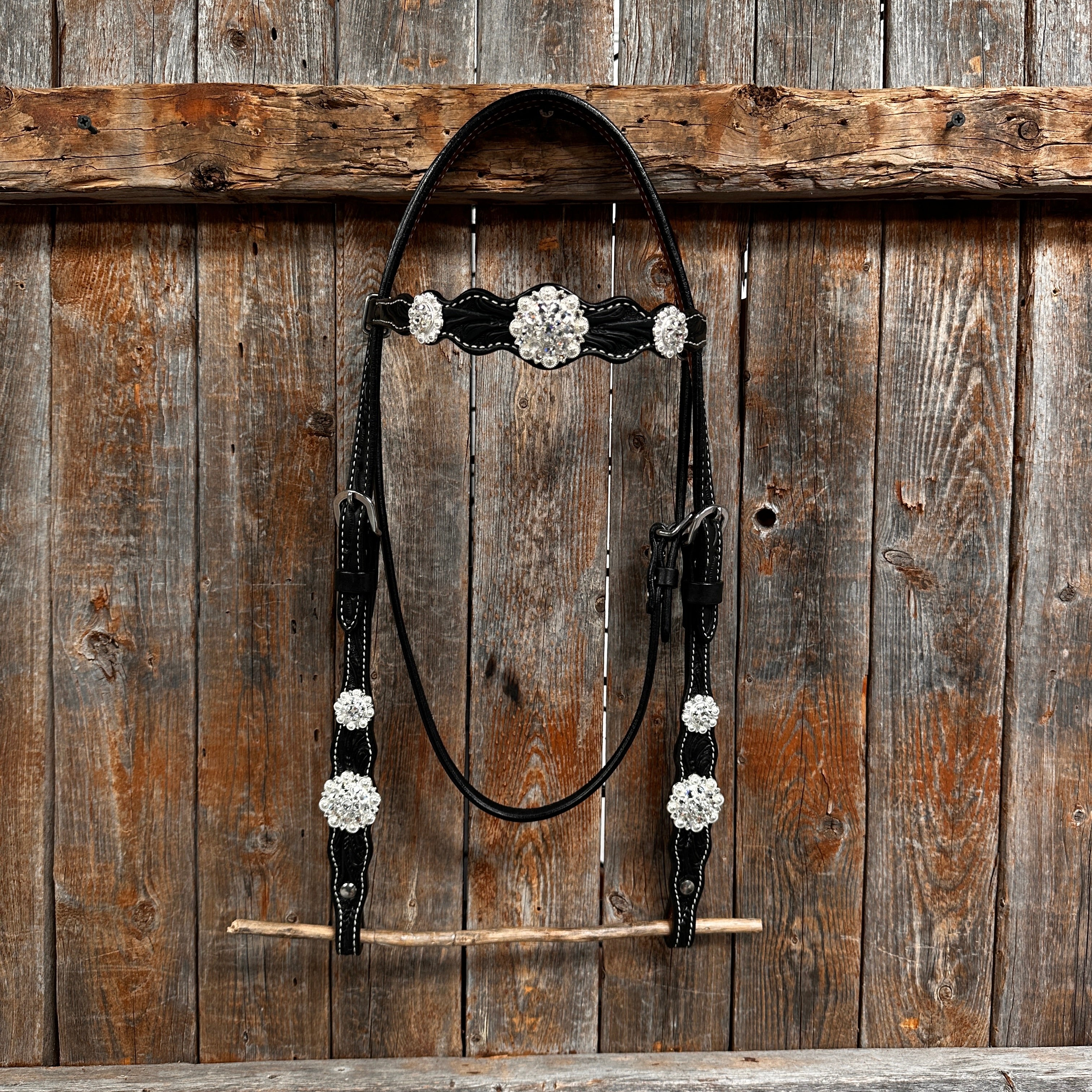 Black Floral Bright Clear Browband / One Ear Tack Set #BBBC599