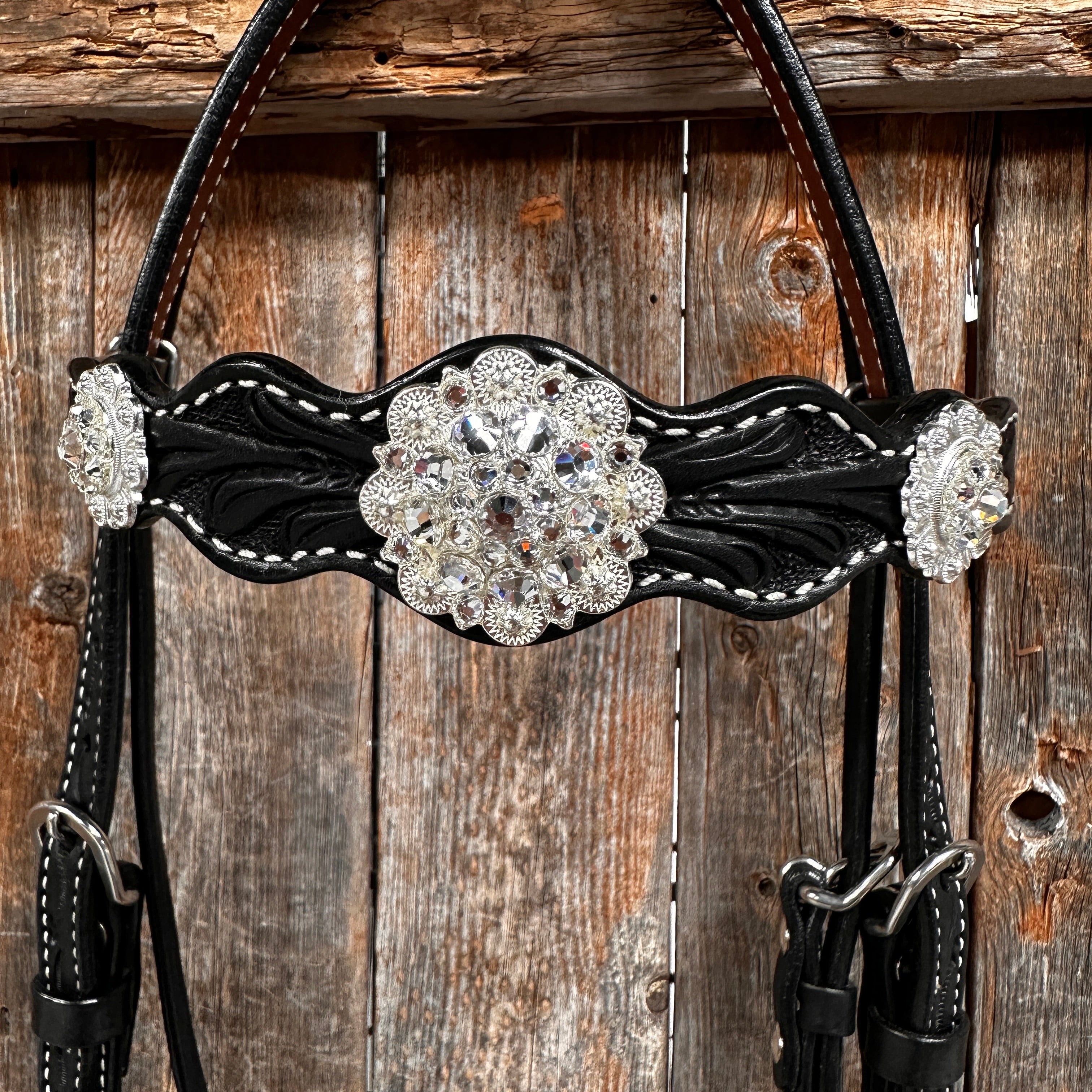 Black Floral Bright Clear Browband / One Ear Tack Set #BBBC599
