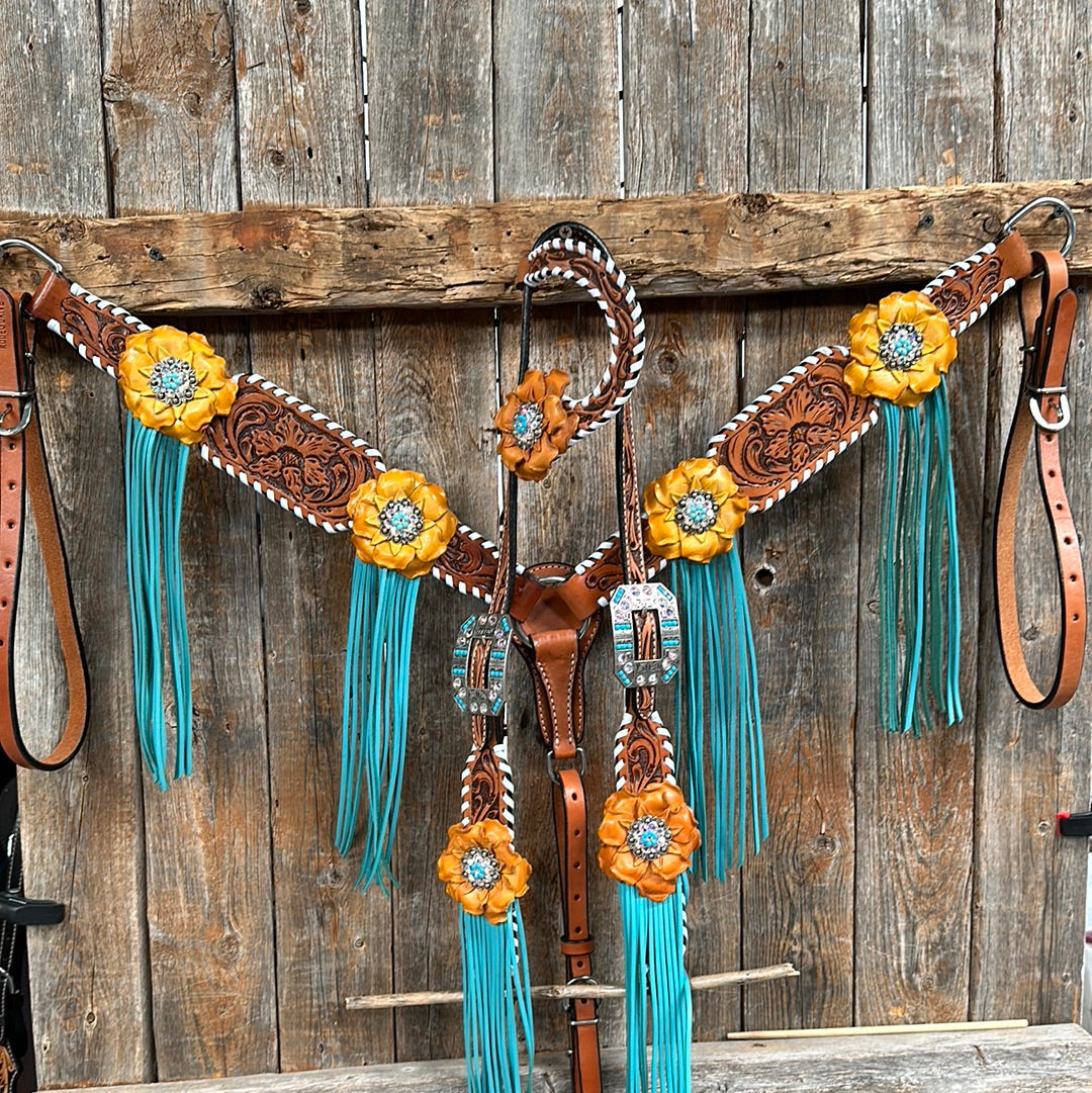 White Whipstitch Yellow and Turquoise Browband/One Ear Headstall & Breastcollar Tack Set #OEBC411